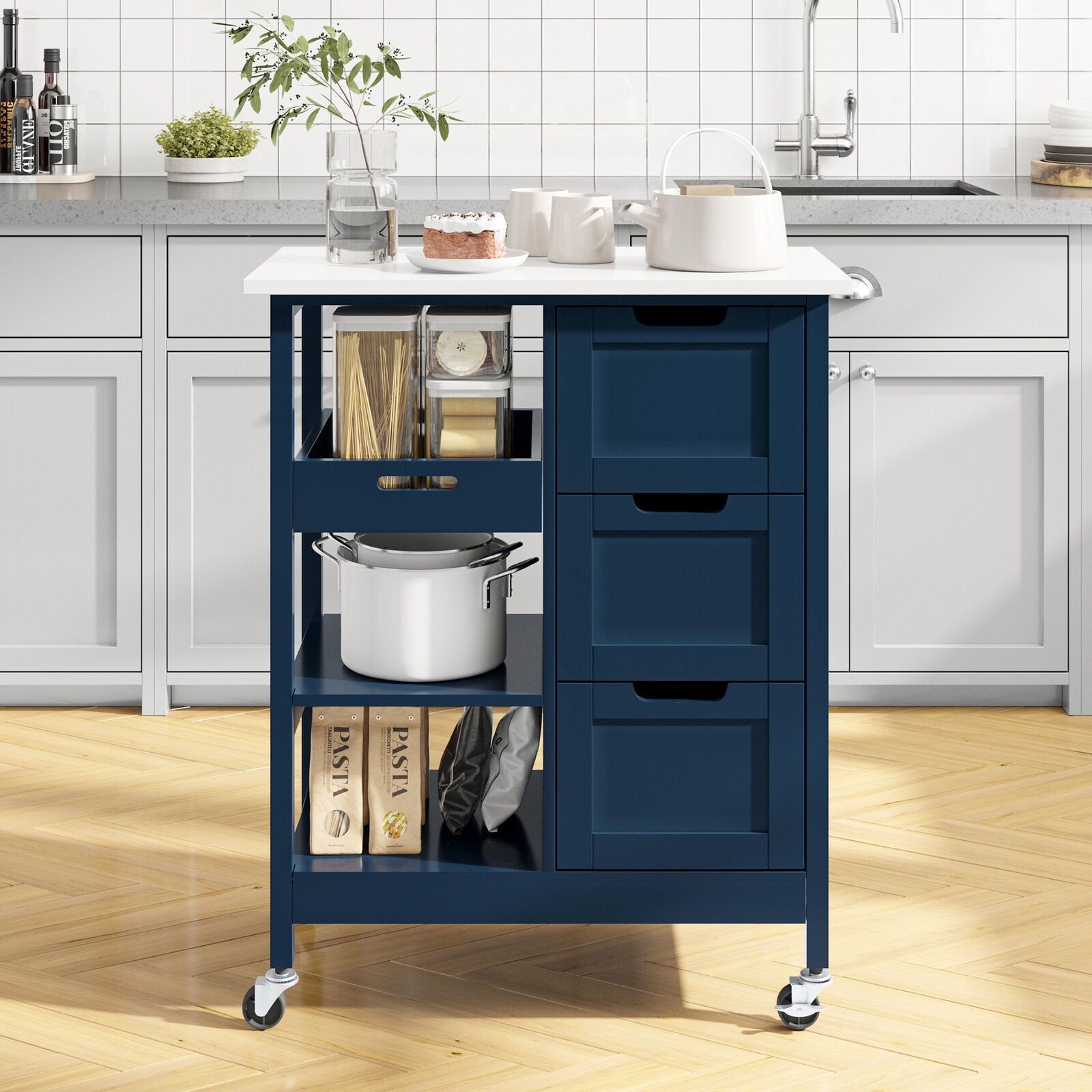 Navy Blue Solid Wood Kitchen Cart with Storage and Wheels