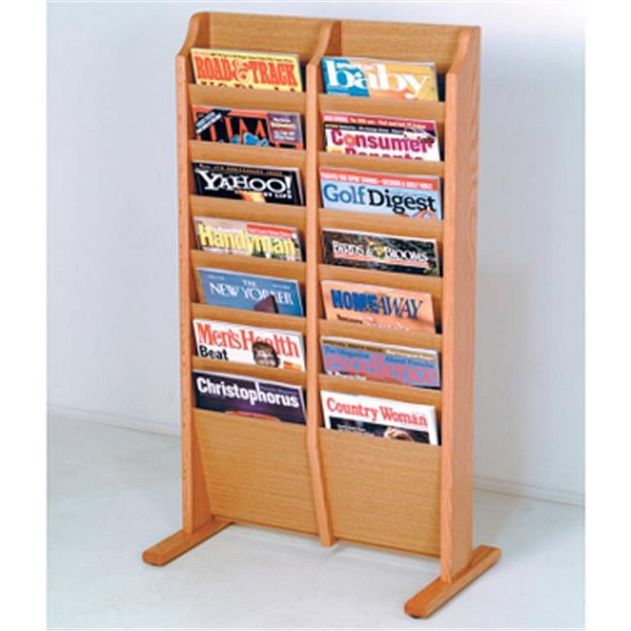 Light Oak Freestanding Solid Wood Magazine Rack with 14 Pockets