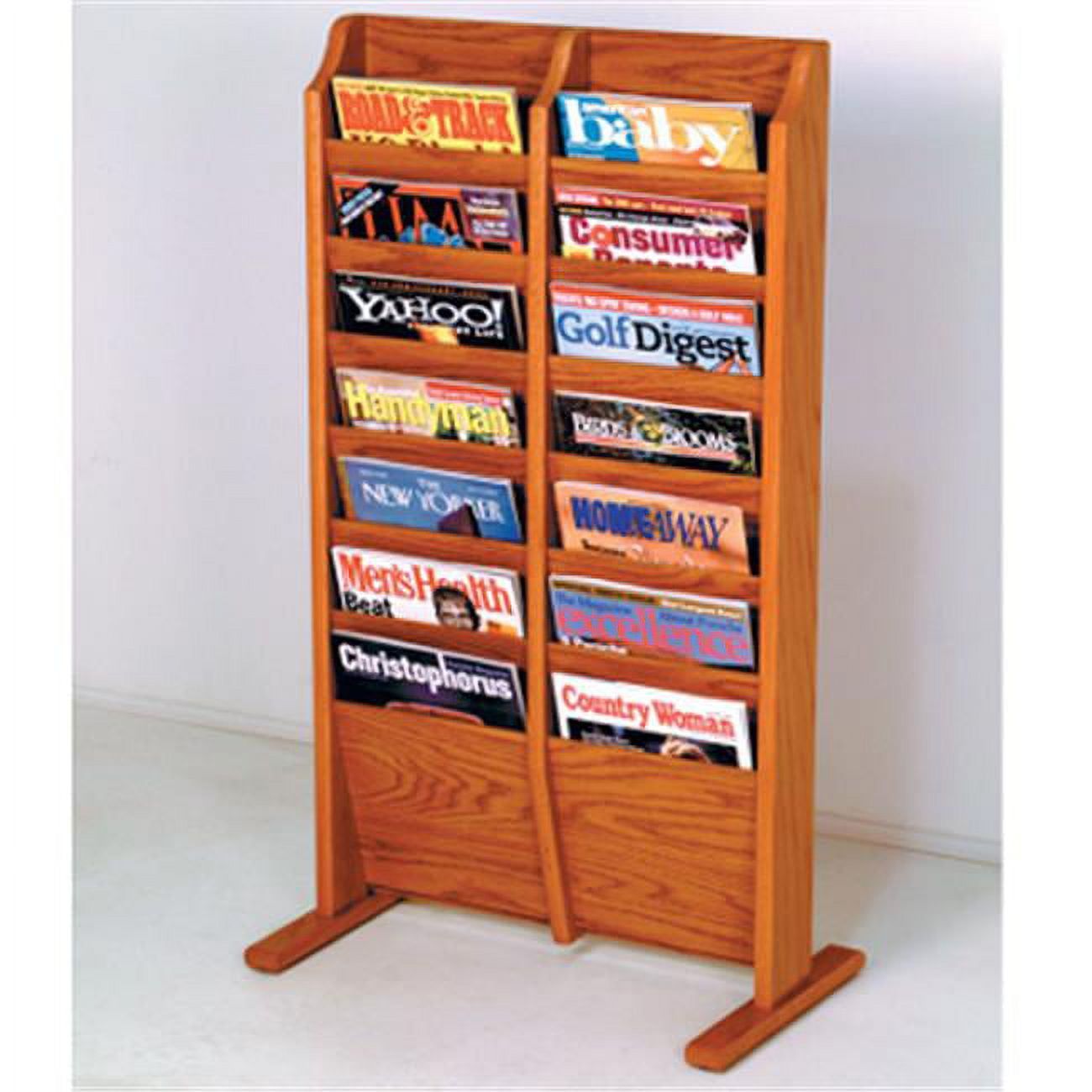 Medium Oak 14-Pocket Solid Oak Freestanding Magazine Rack