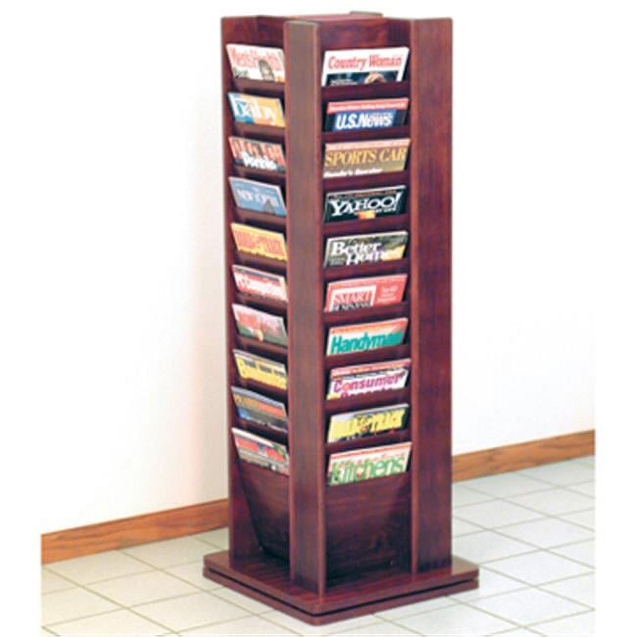 Mahogany Oak 40-Pocket Rotating Magazine Rack