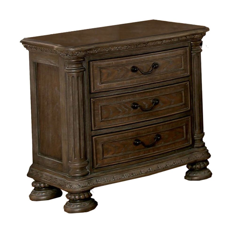 Elegant Brown Solid Wood Nightstand with Intricate Carvings and 3 Drawers