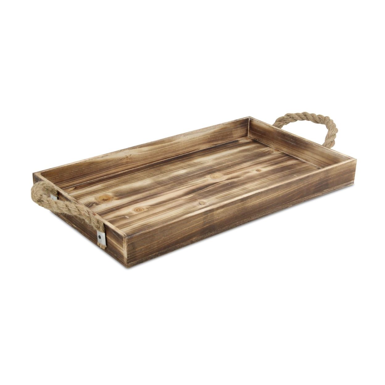 Brown Rectangular Wood Tray with Rope Handles