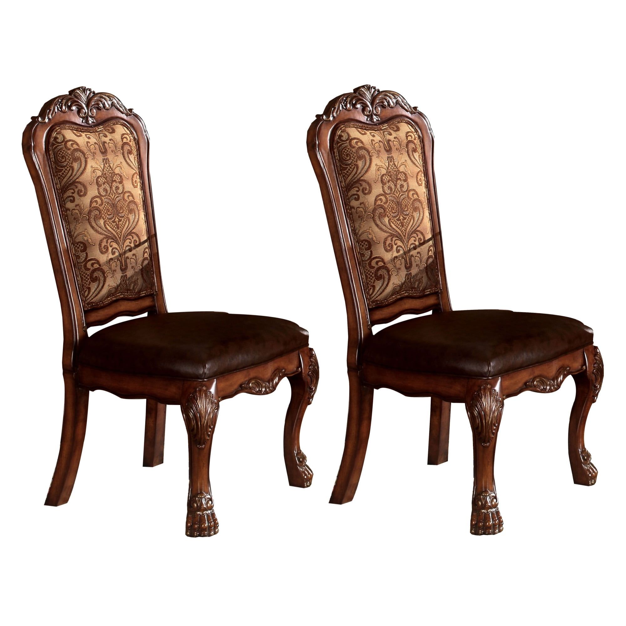 Elegant Brown Faux Leather Side Chairs with Wooden Claw Legs, Set of Two