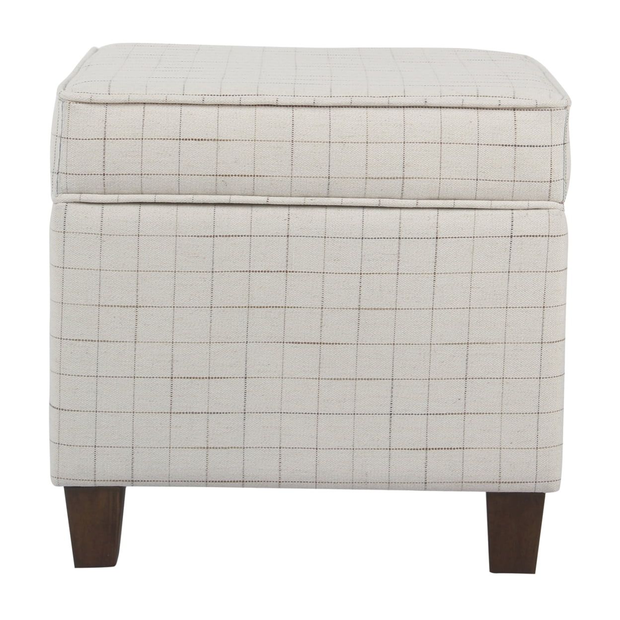 Grid-Patterned Beige and Brown Wooden Square Ottoman with Hidden Storage