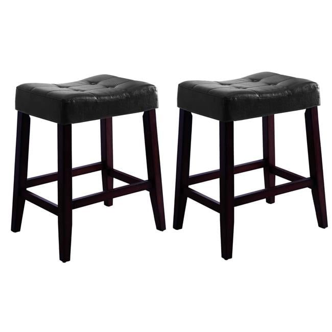 Black and Brown Button Tufted Saddle Seat Wooden Stools, Set of 2