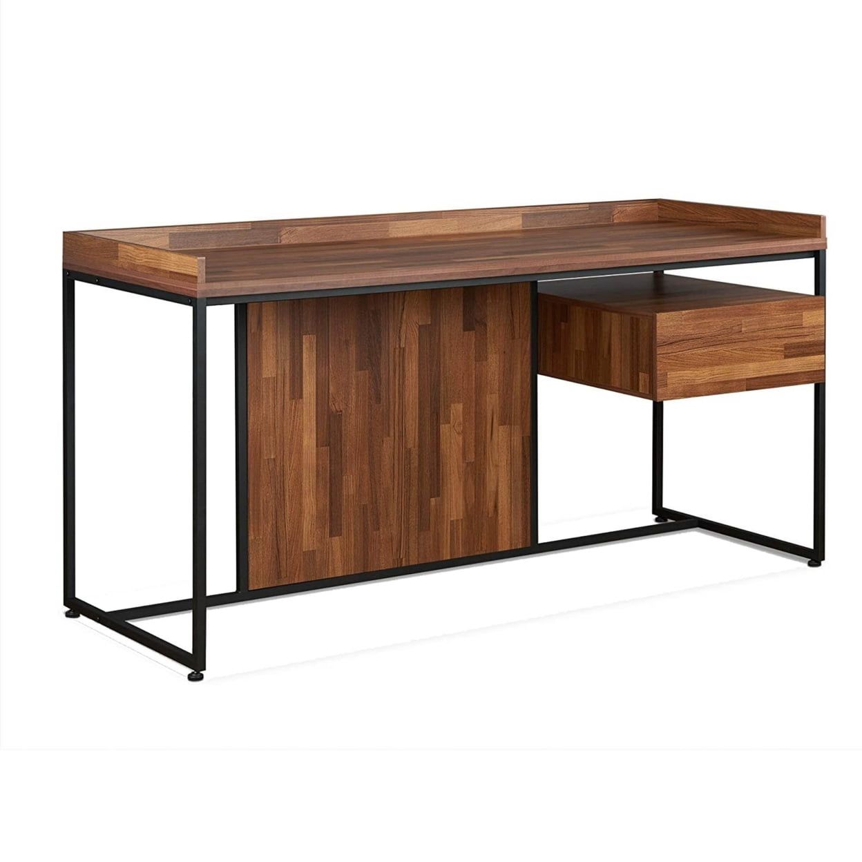 Walnut and Black Wood Desk with Drawer and Metal Frame