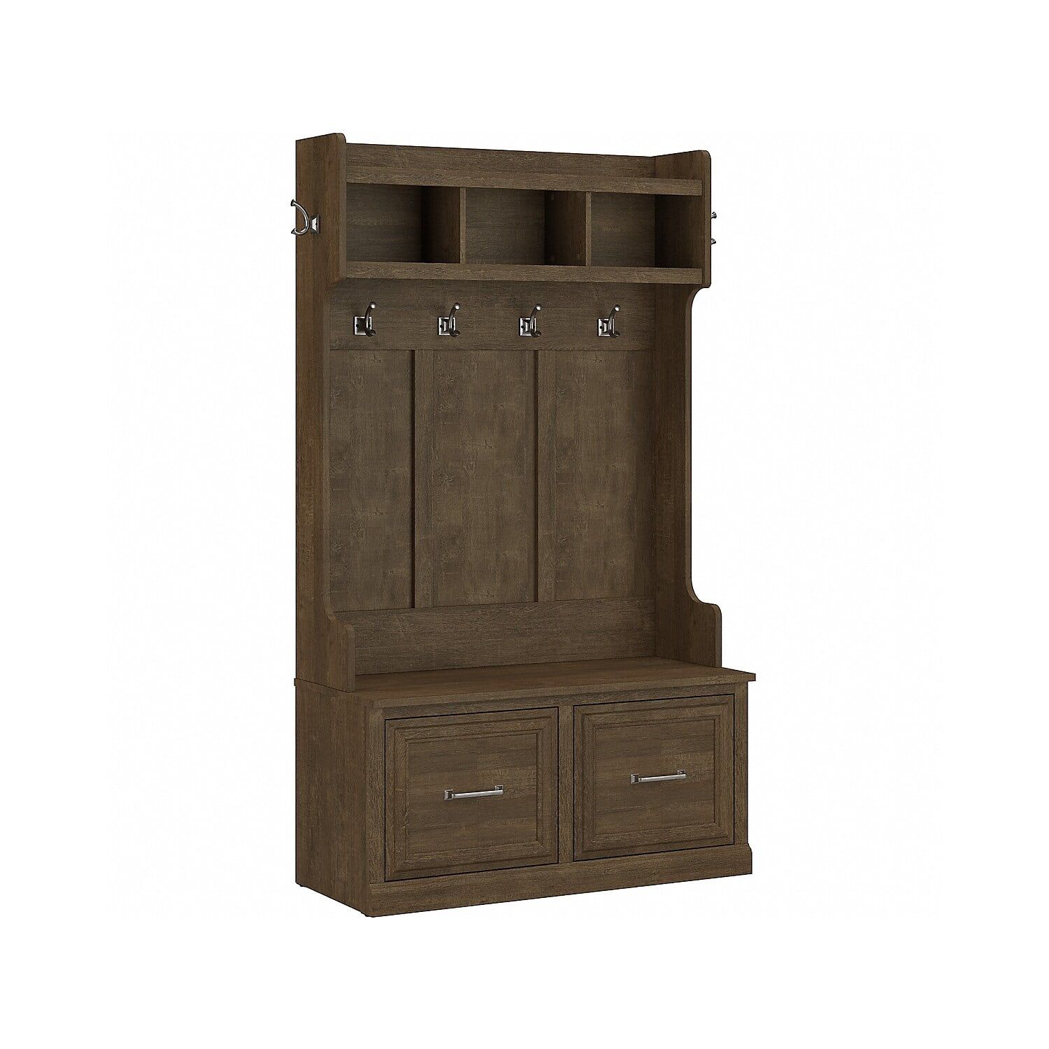 Transitional Ash Brown Hall Tree with Shoe Storage and Euro Hinges