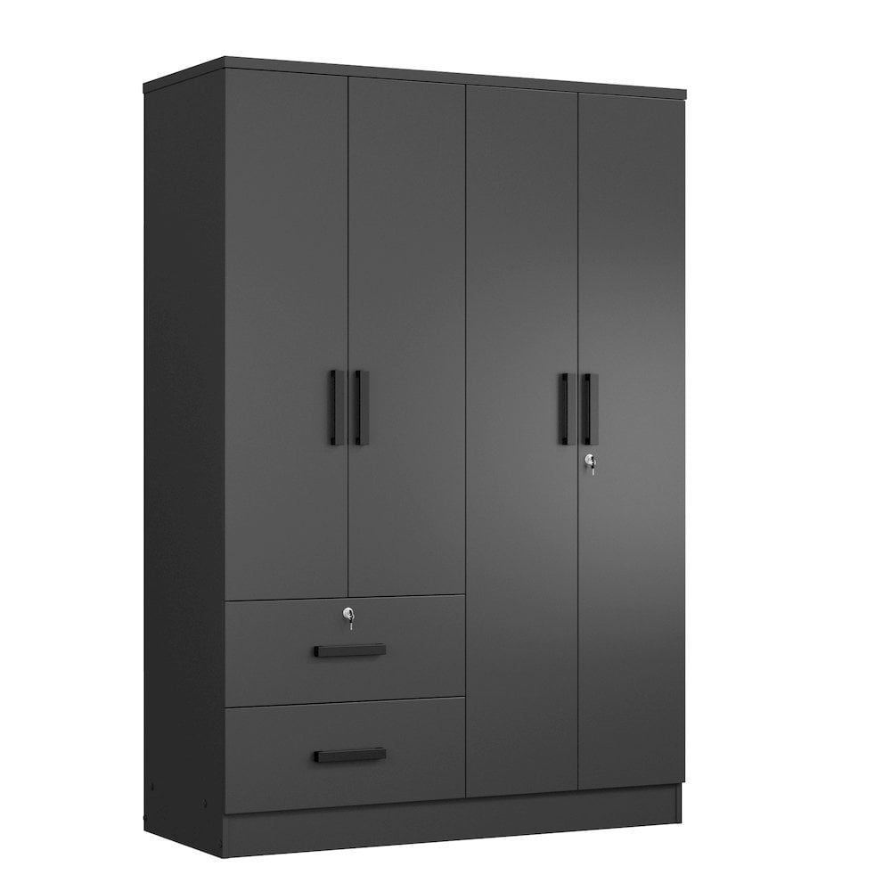 Black Laminated Wood 4-Door Wardrobe with 2 Drawers and Shelves