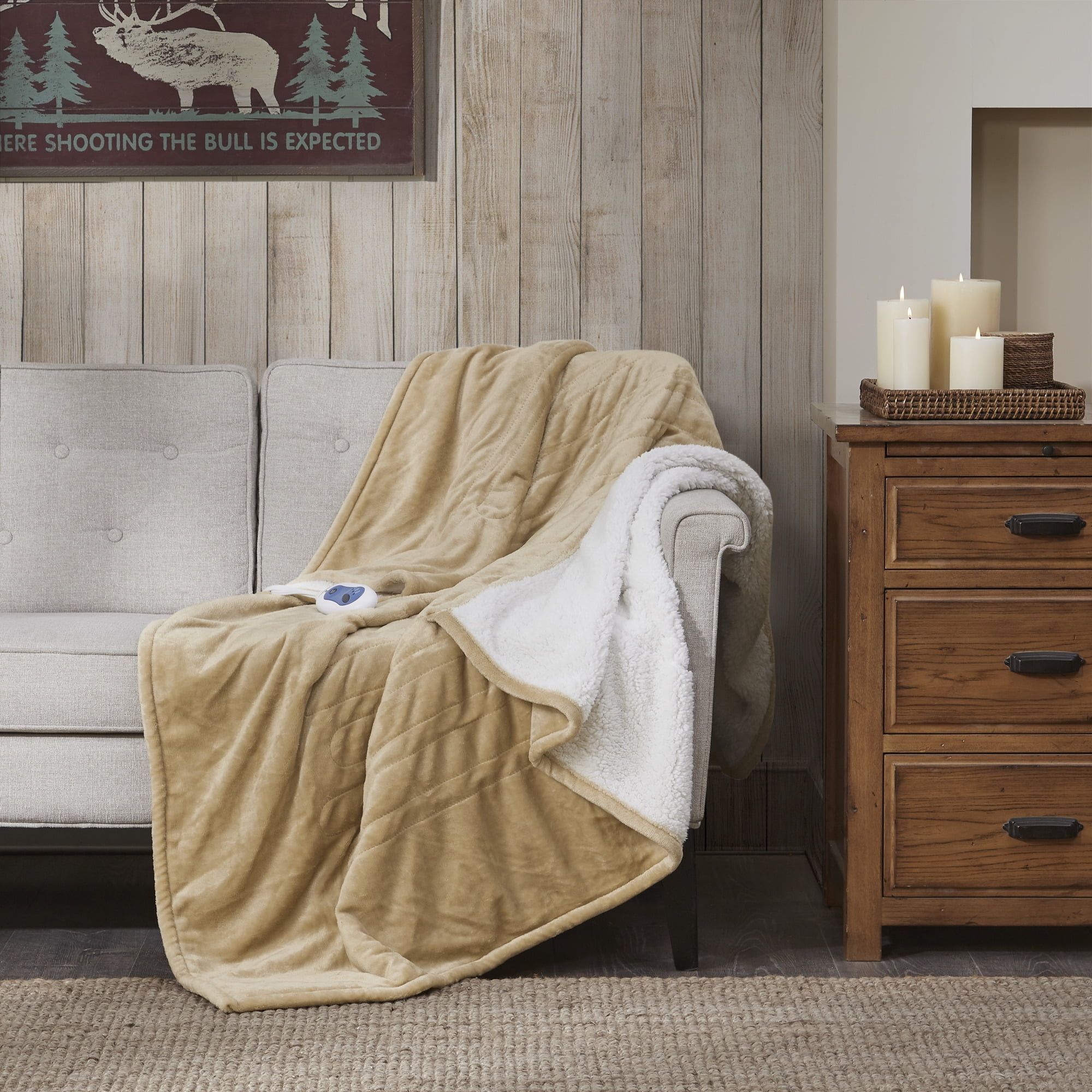 Tan Sherpa Reversible Electric Heated Throw Blanket