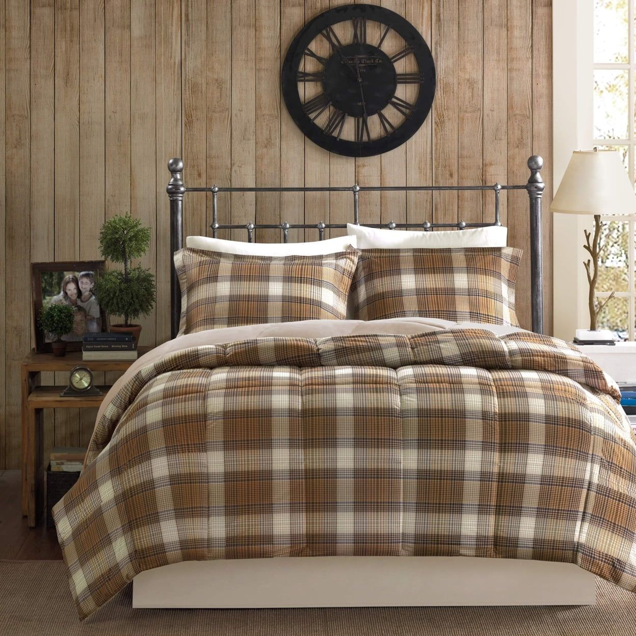 King Brown Plaid Microfiber Down Alternative Comforter Set