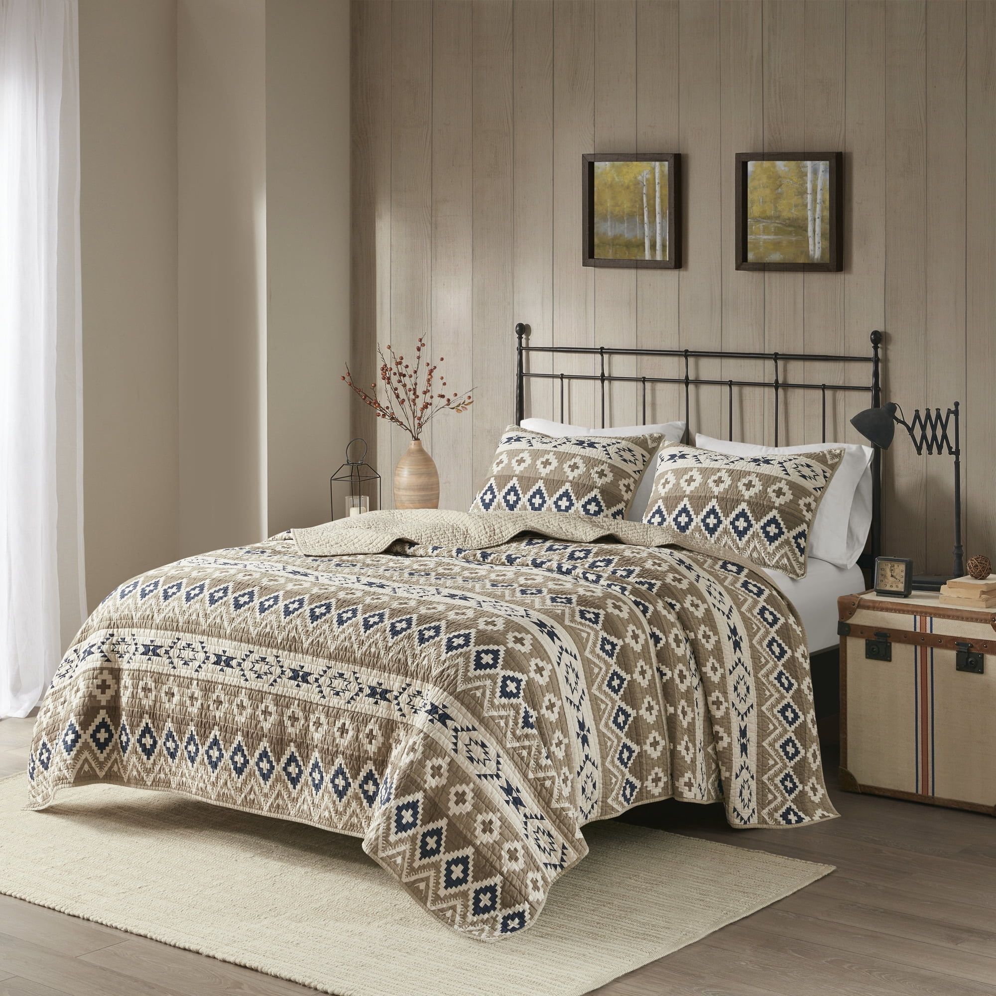 Rustic Blue and Tan Cotton Reversible Quilt Set