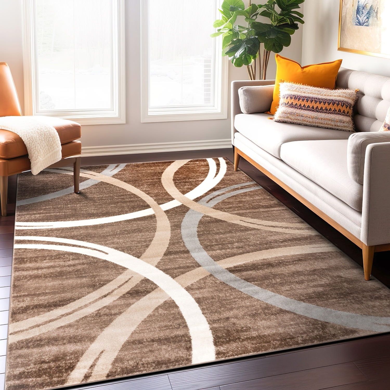 Modern Abstract Circles Easy-Care Area Rug in Brown 7'10" x 10'2"