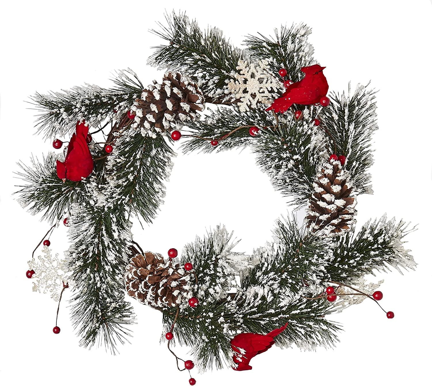 Snowy Pine Wreath with Red Cardinals and Snowflakes