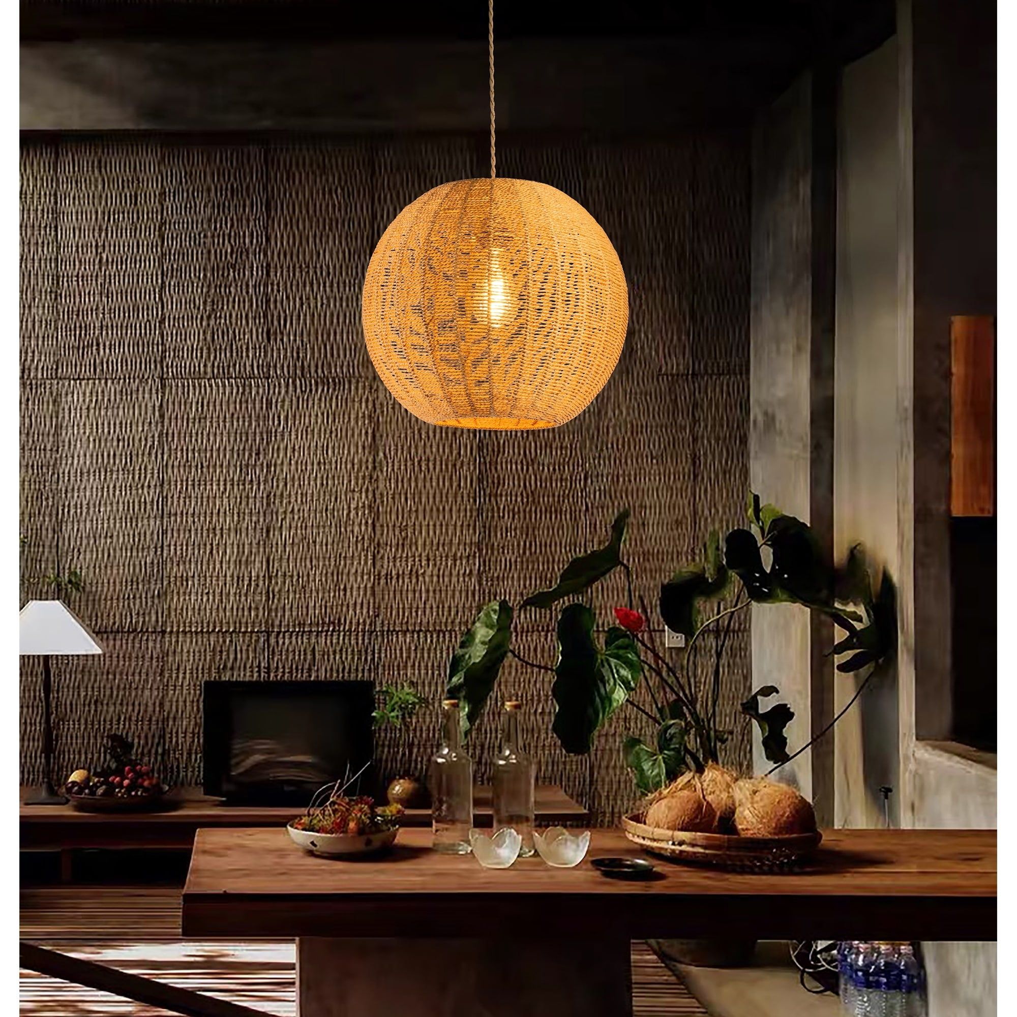 Boho-Chic Natural Jute Globe Pendant Light, 14.6 in