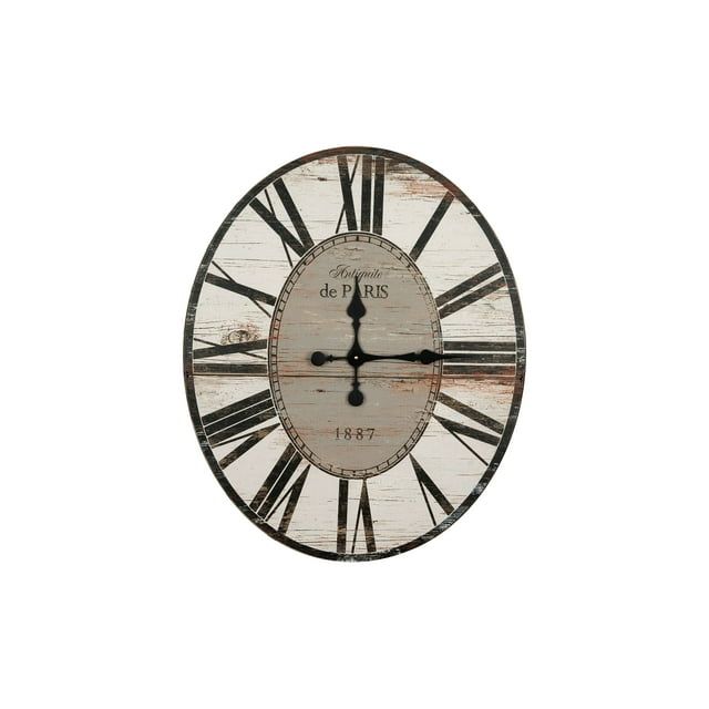 Distressed White and Gray Oval Wood Wall Clock with Roman Numerals