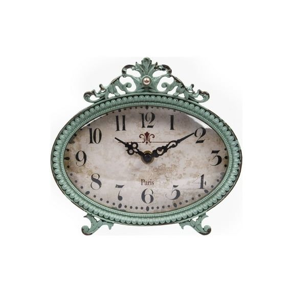 Antique Aqua Pewter Mantel Clock with Scrollwork Design
