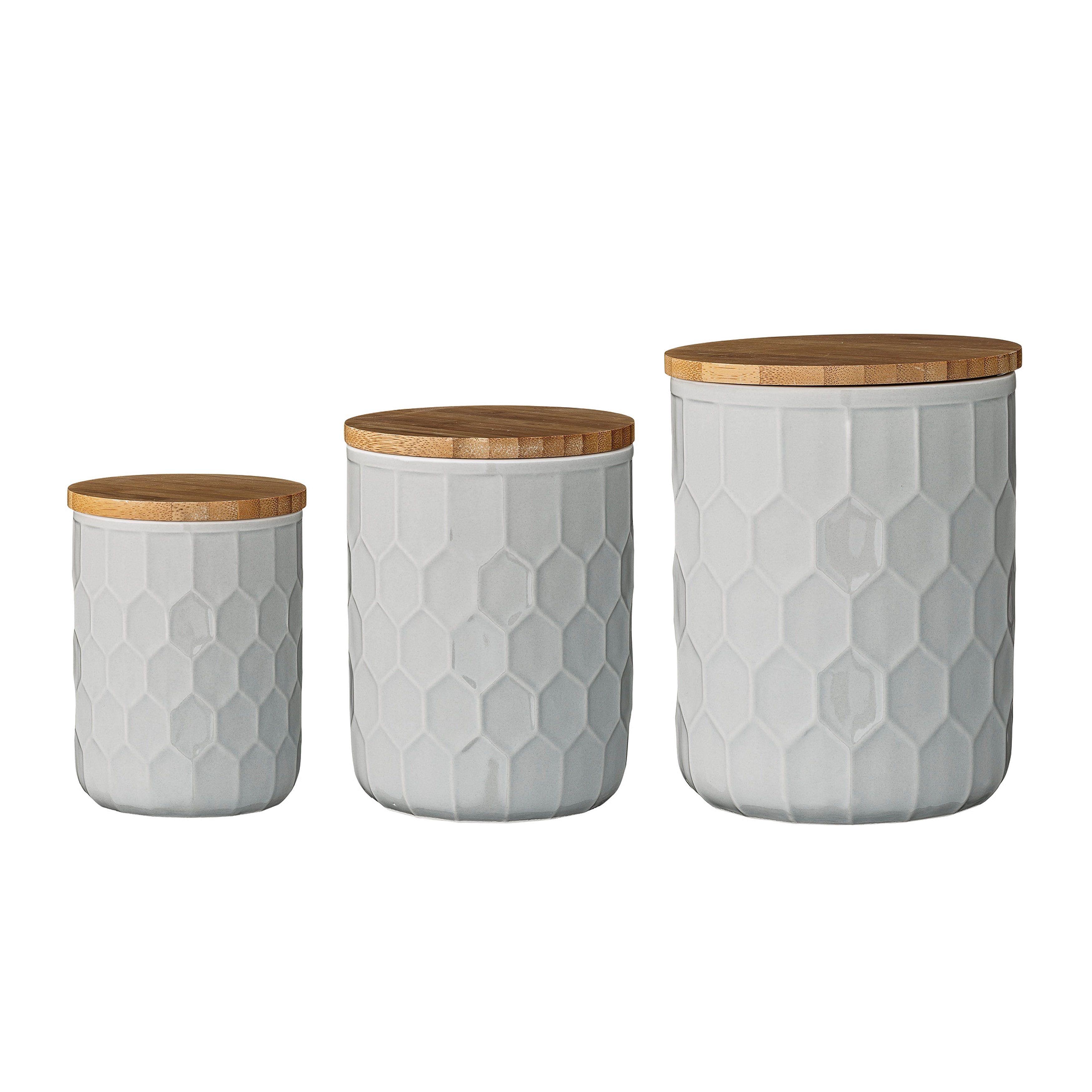 White Honeycomb Ceramic Canister Set with Bamboo Lids