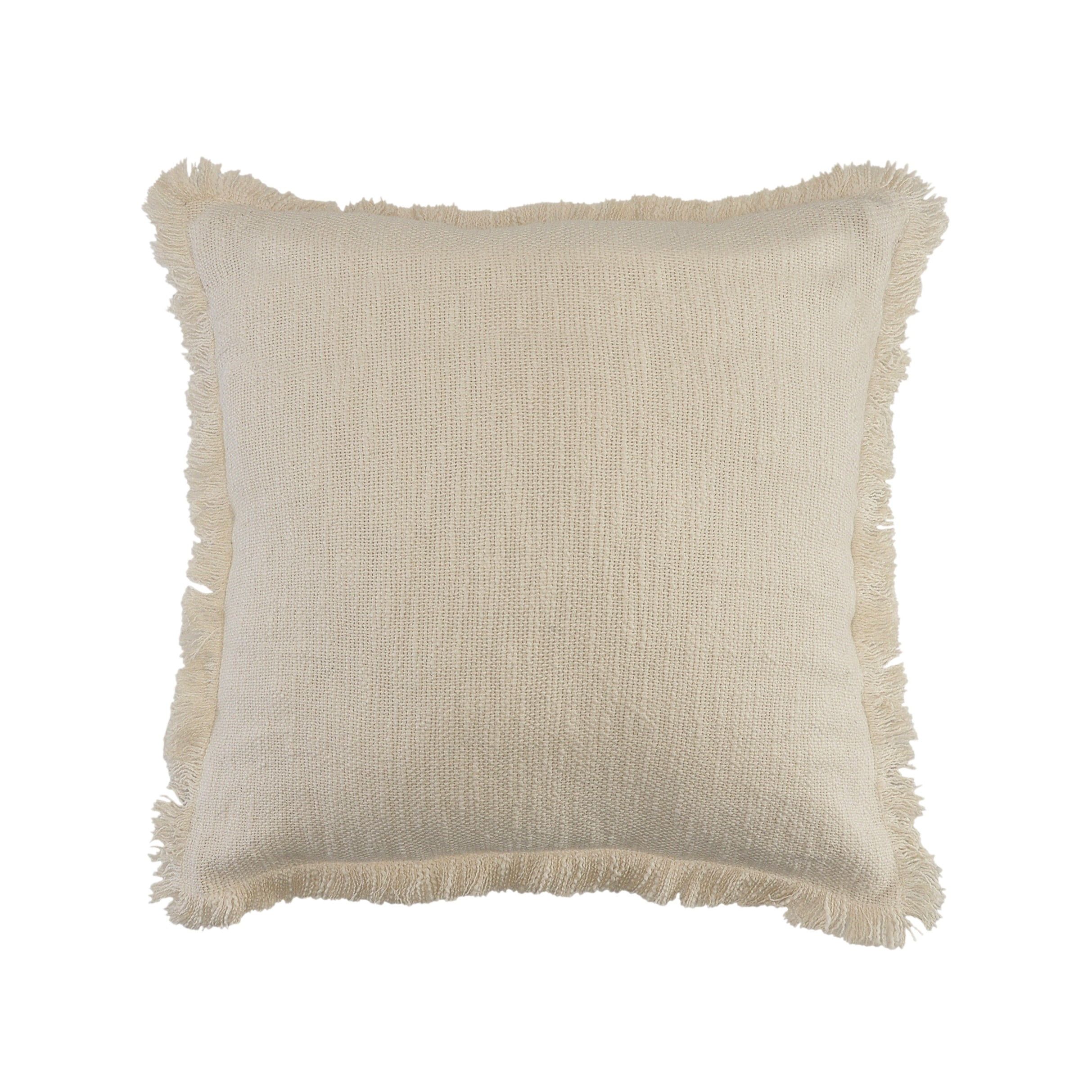 Off-White Cotton 20" Square Fringed Throw Pillow