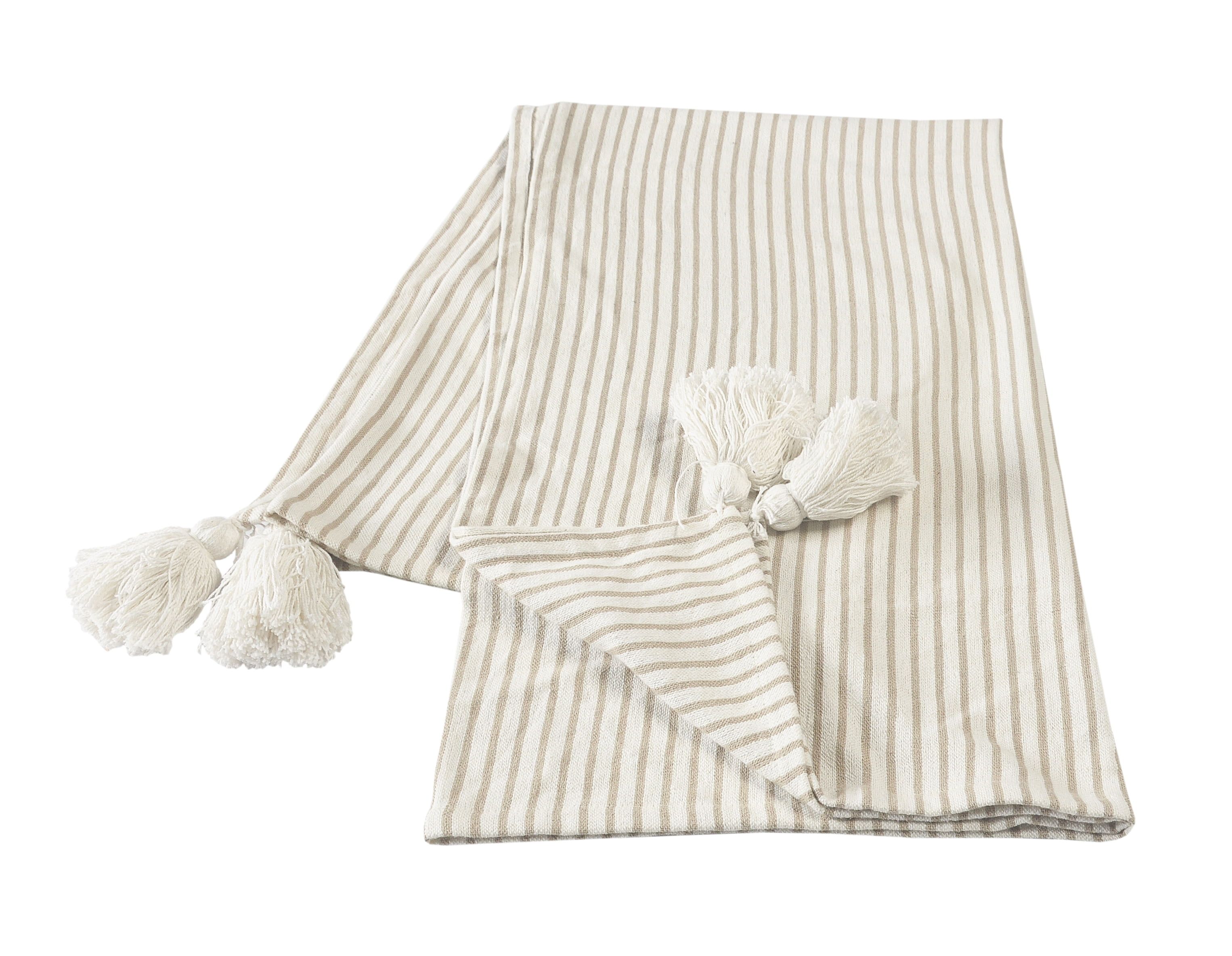 Ivory and Beige Striped Cotton Throw Blanket with Tassels