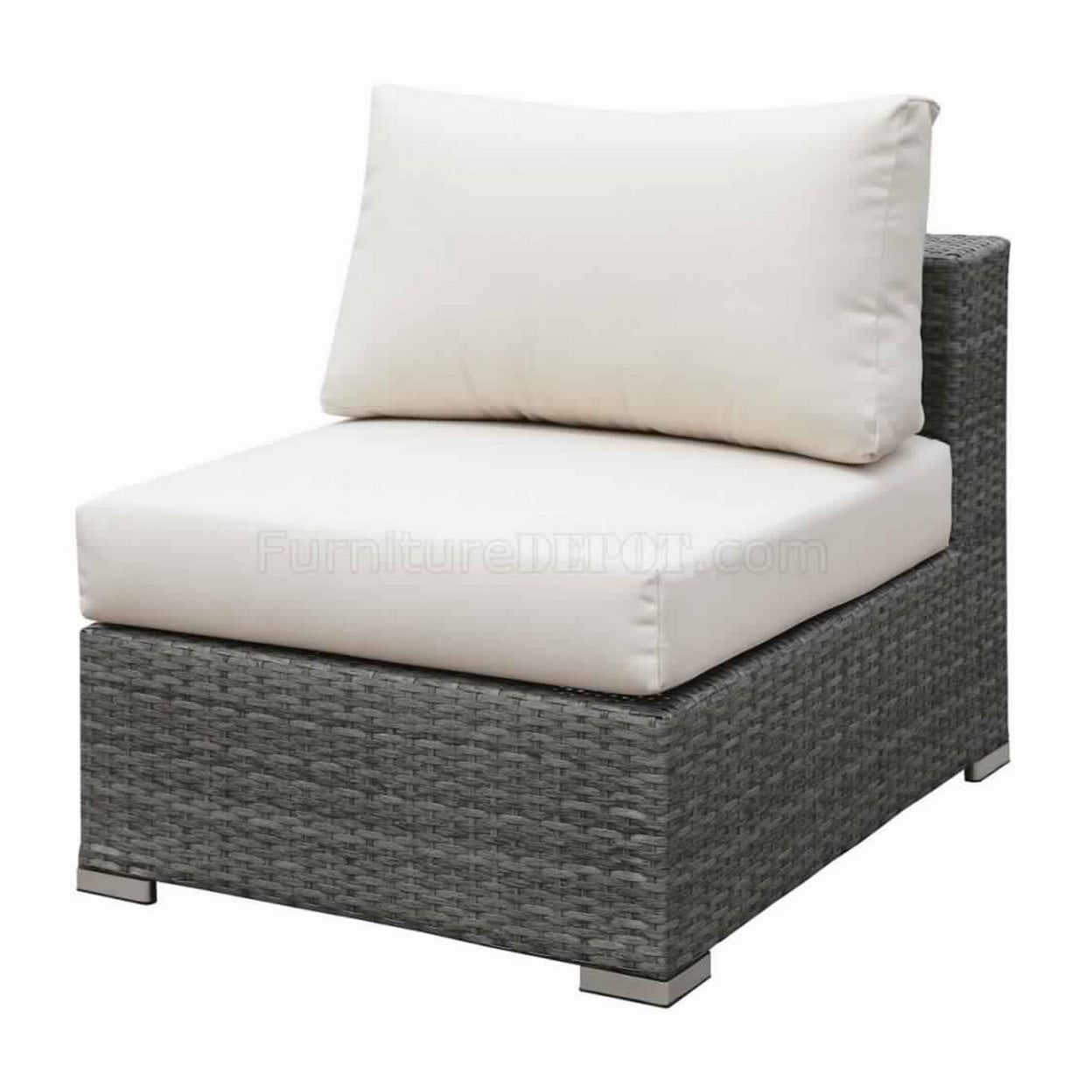 Woven Wicker and Fabric Armless Outdoor Chair in Gray and Off-White