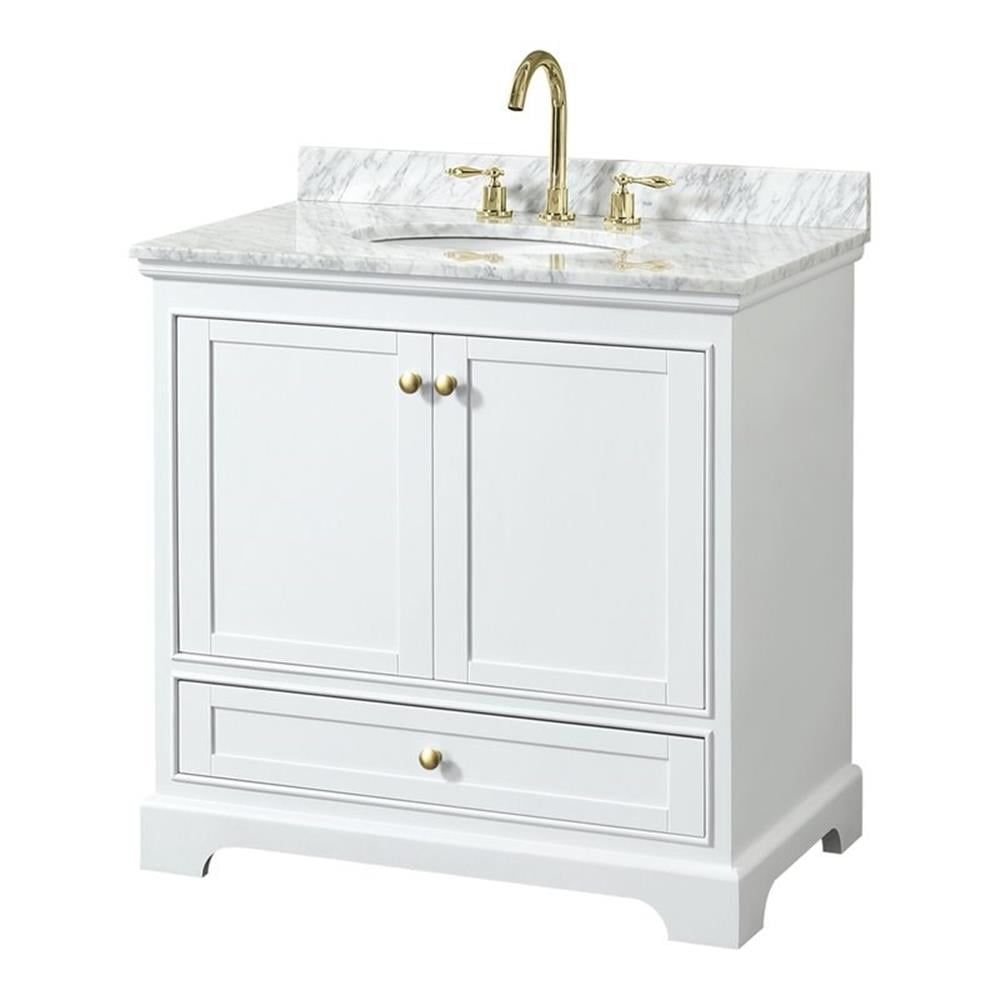 Deborah 36" White and Gold Single Bathroom Vanity with Marble Countertop