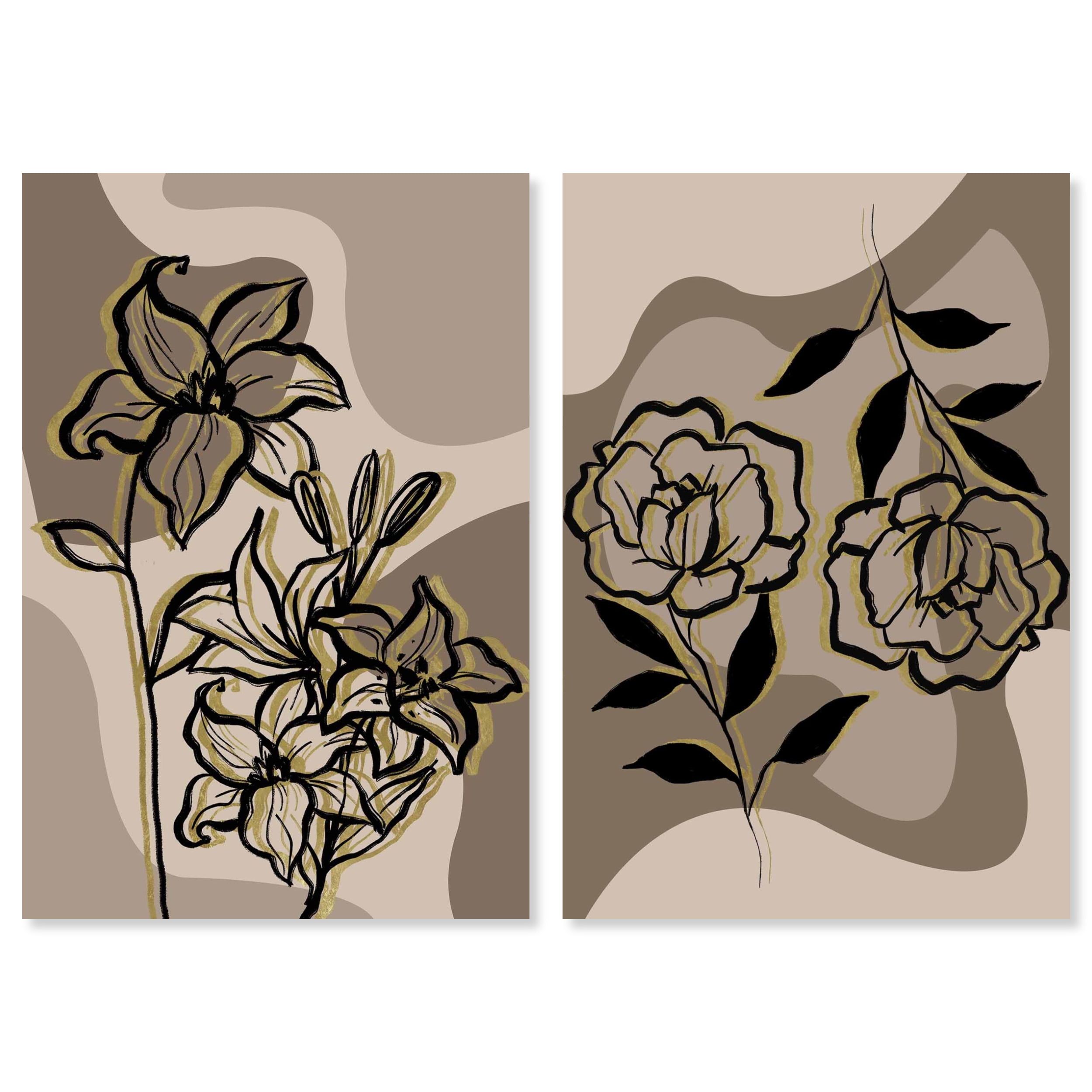 Mid Century Brown and Taupe Floral Canvas Wall Art Set