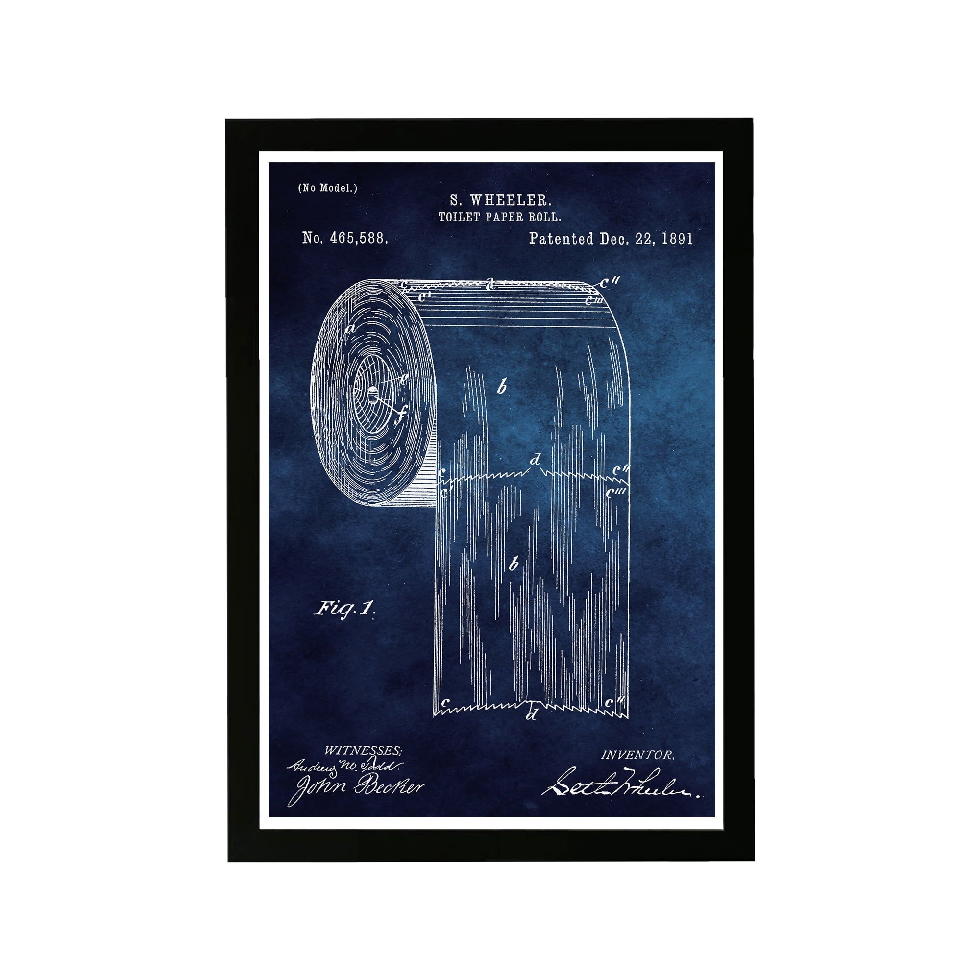 Blue Chalkboard Toilet Paper Roll Patent Framed Print, 13'' x 19''