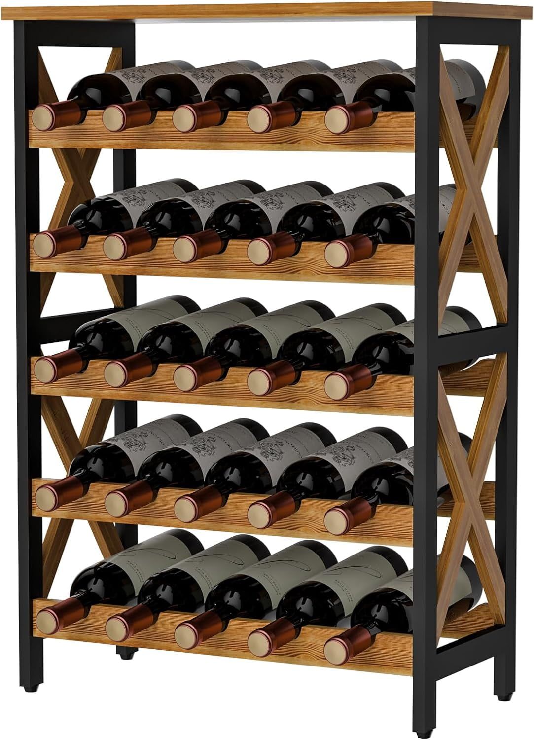 Rustic Pine and Metal 25-Bottle Freestanding Wine Rack