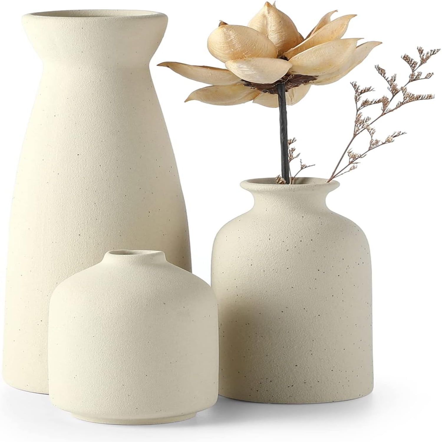 Beige Ceramic Modern Boho Farmhouse Vase Set of 3