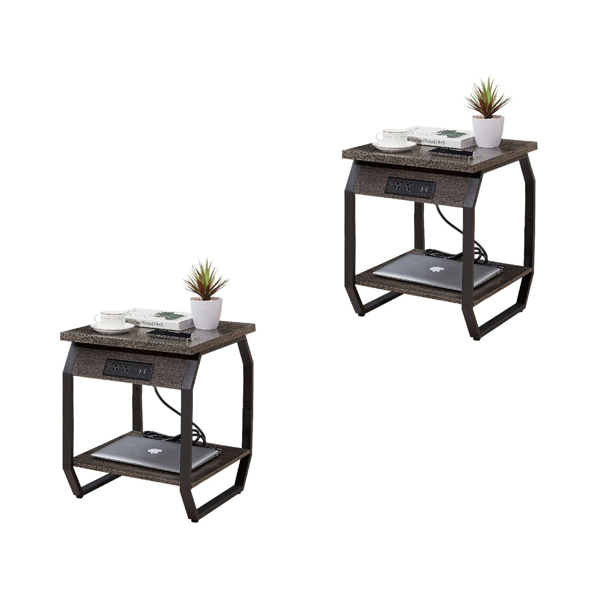 Dark Gray Particle Board and Steel End Tables with USB Ports, Set of 2