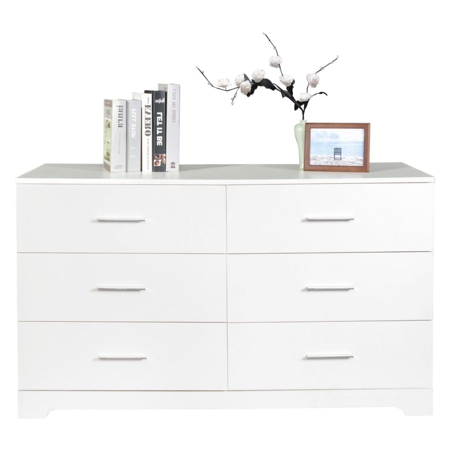 White Modern Wood 6-Drawer Wide Dresser