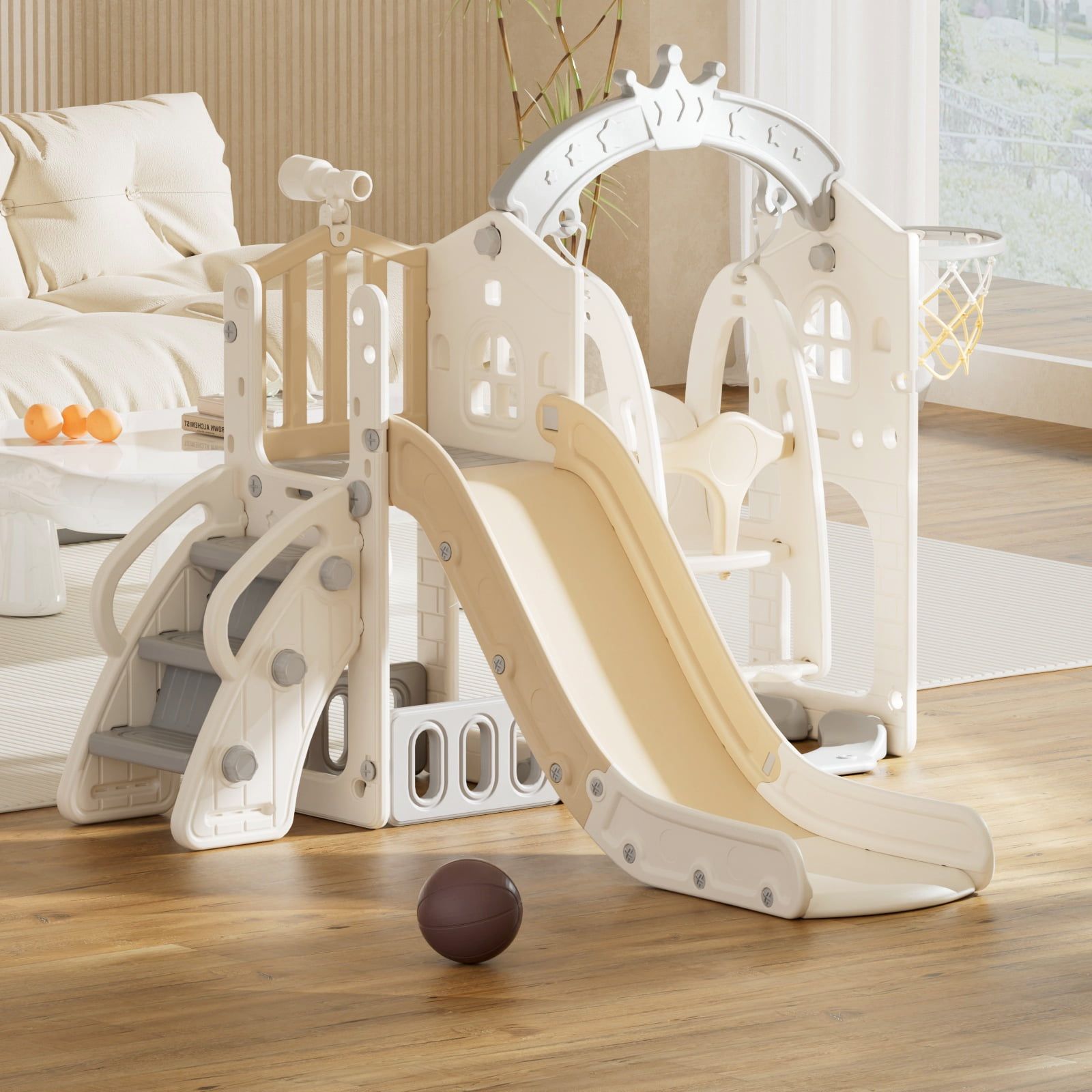 Beige Indoor Toddler Slide and Swing Set with Basketball Hoop