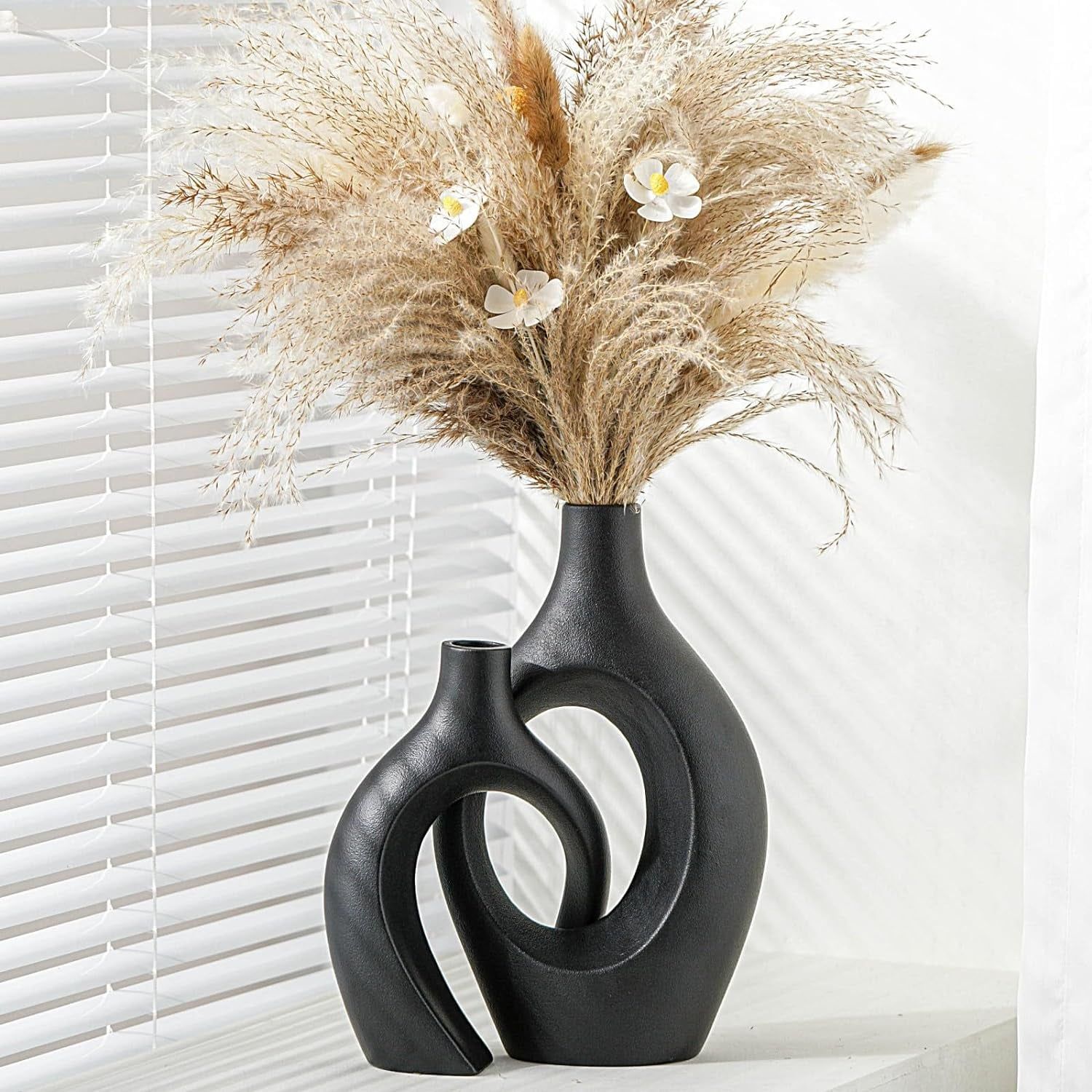 XL Black Ceramic Donut Vases Set of 2 for Modern Decor