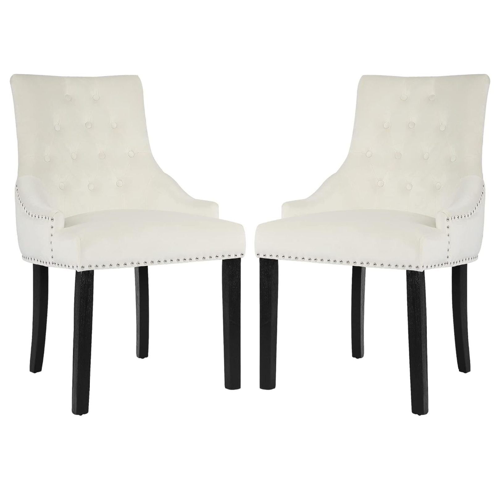 Beige Velvet Upholstered Dining Chairs with Wood Legs, Set of 2