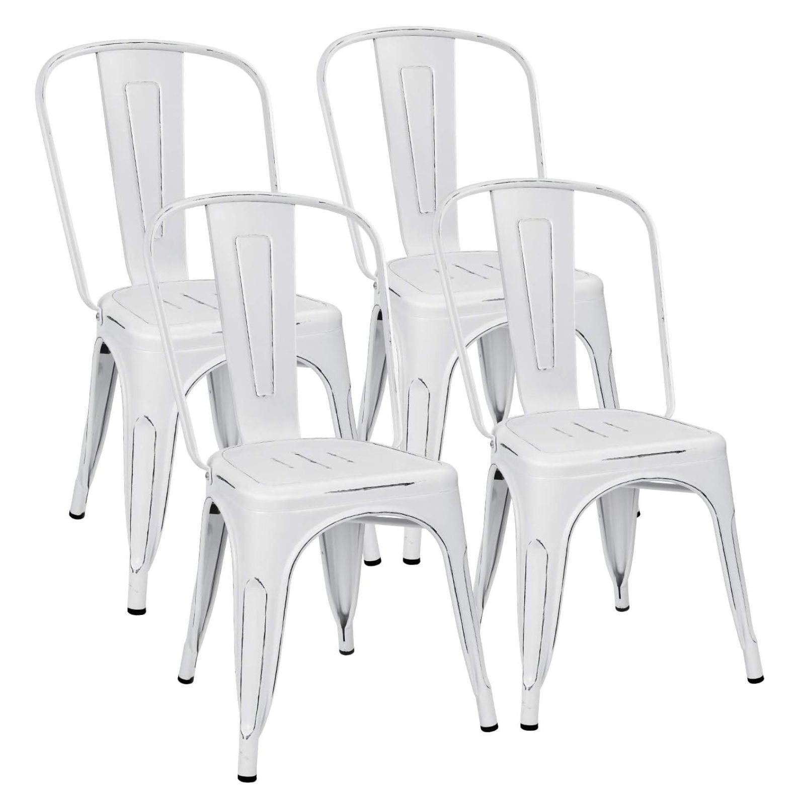 Distressed White Stackable Metal Dining Chairs, Set of 4