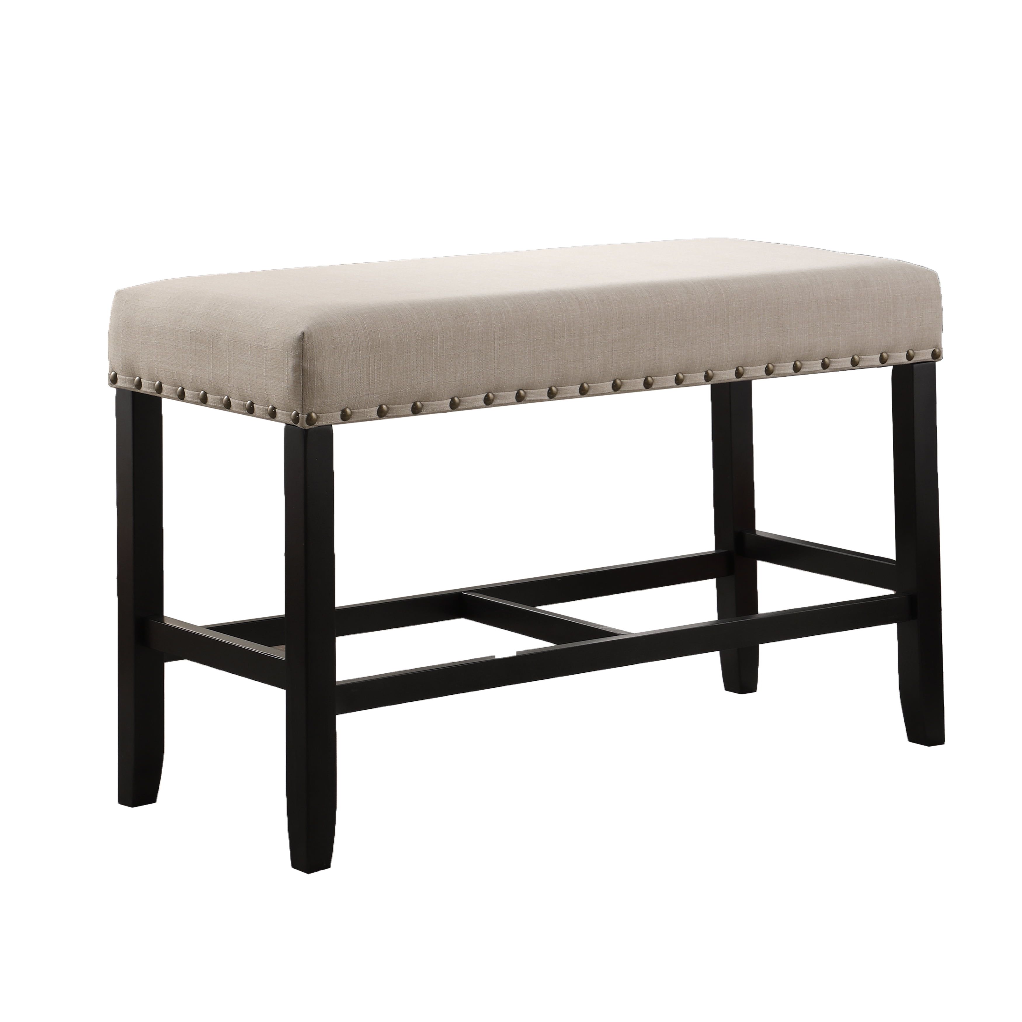 Tan Fabric and Wood Counter Height Dining Bench with Nailhead Trim