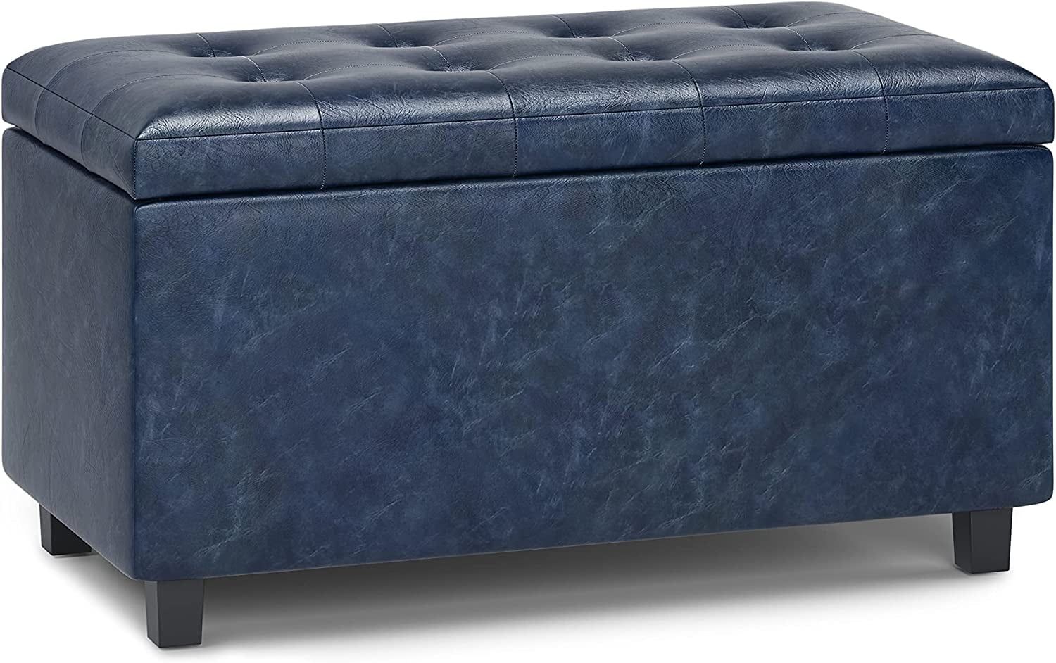 Cosmopolitan Denim Blue Tufted Faux Leather Storage Footstool