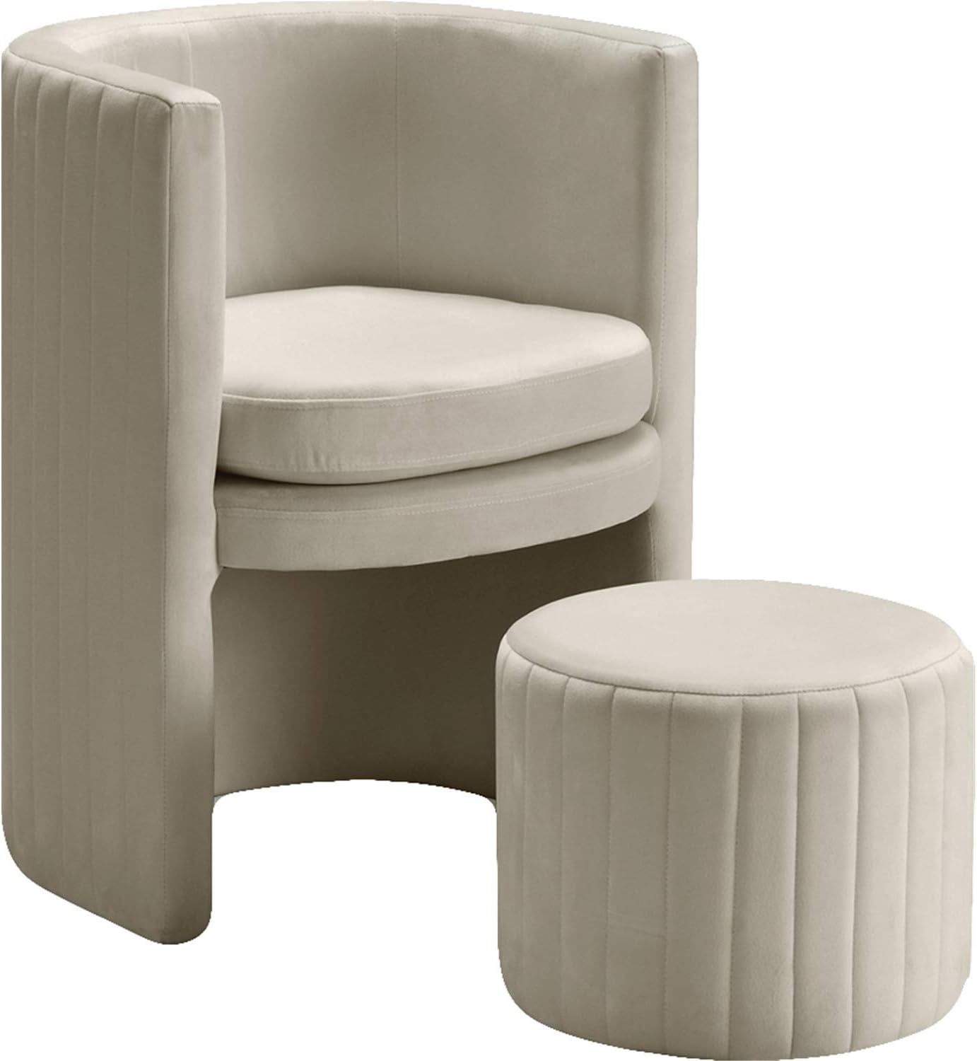 Cream Velvet Barrel Accent Chair with Ottoman