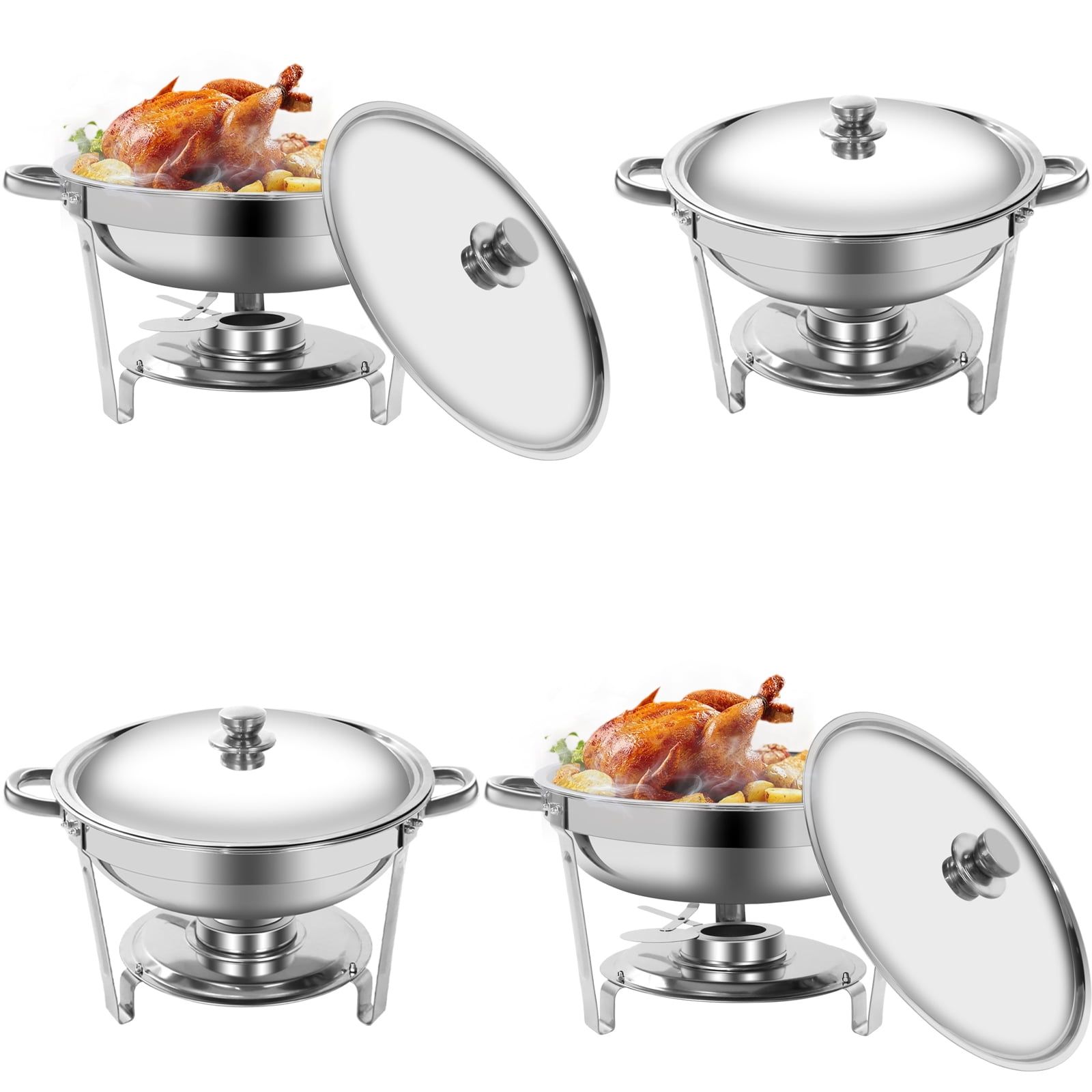 Round Stainless Steel Chafing Dish Set with Glass Lid, 5-Quart, Silver, Set of 4