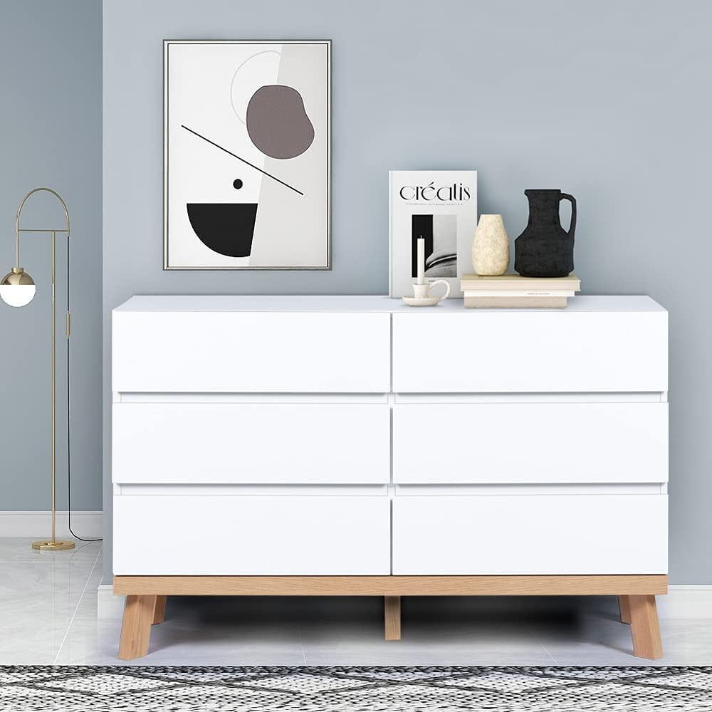 White and Oak 6-Drawer Double Dresser with MDF Frame