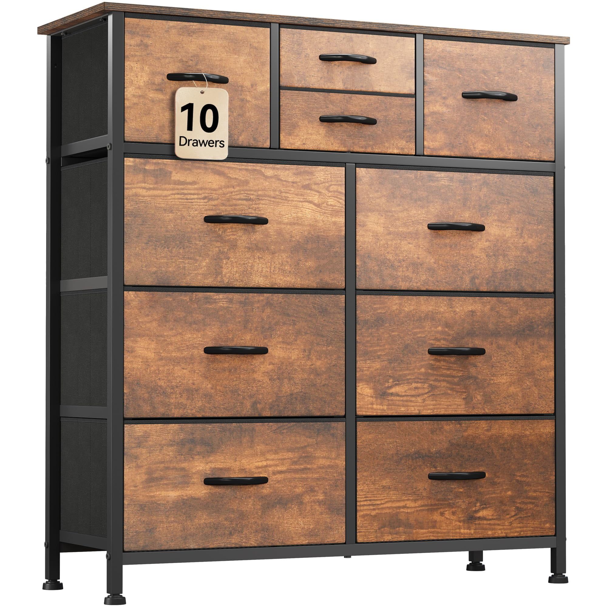 Earthy Brown 10-Drawer Vertical Fabric Dresser with Metal Frame