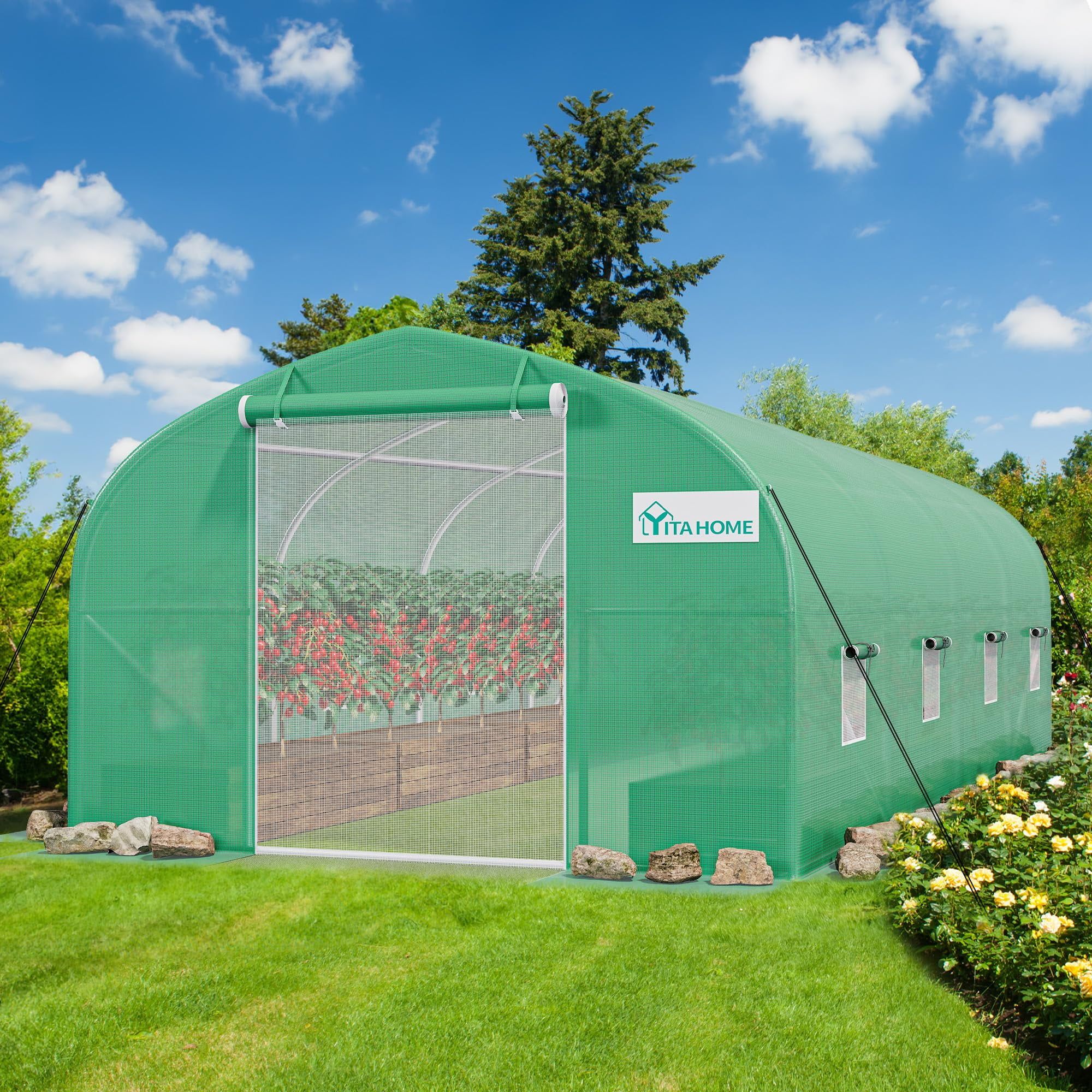 Large Green Polyethylene Tunnel Greenhouse with Zipper Doors