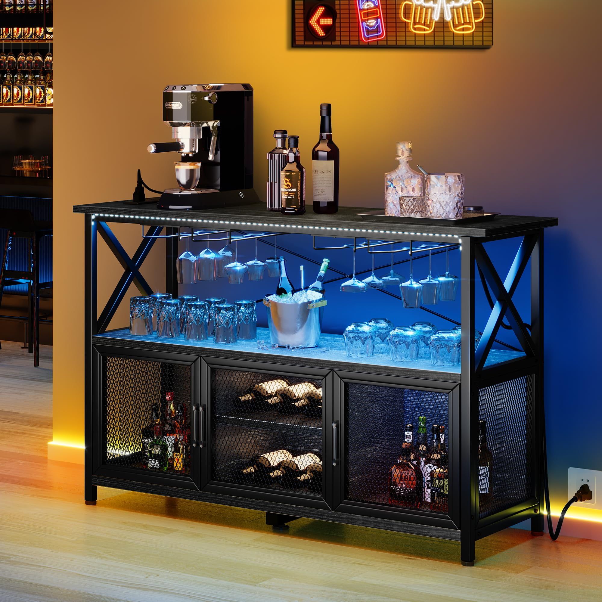 YITAHOME 55" Black Industrial Coffee Bar Cabinet with LED Lights