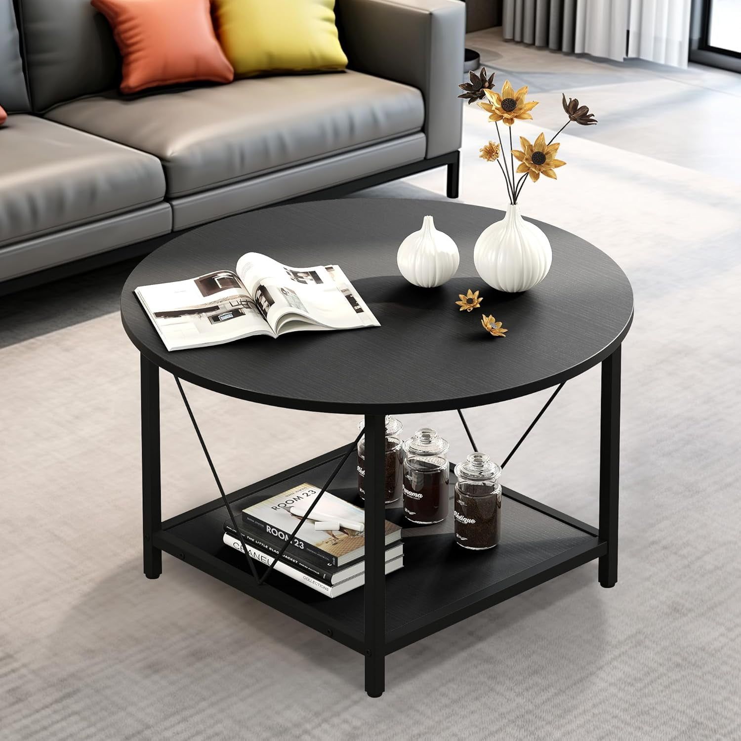 Black Round Wood Coffee Table with Metal Legs and Storage Shelf