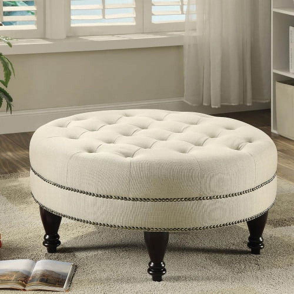 Elegant Oatmeal Linen Tufted Round Cocktail Ottoman with Nailhead Trim