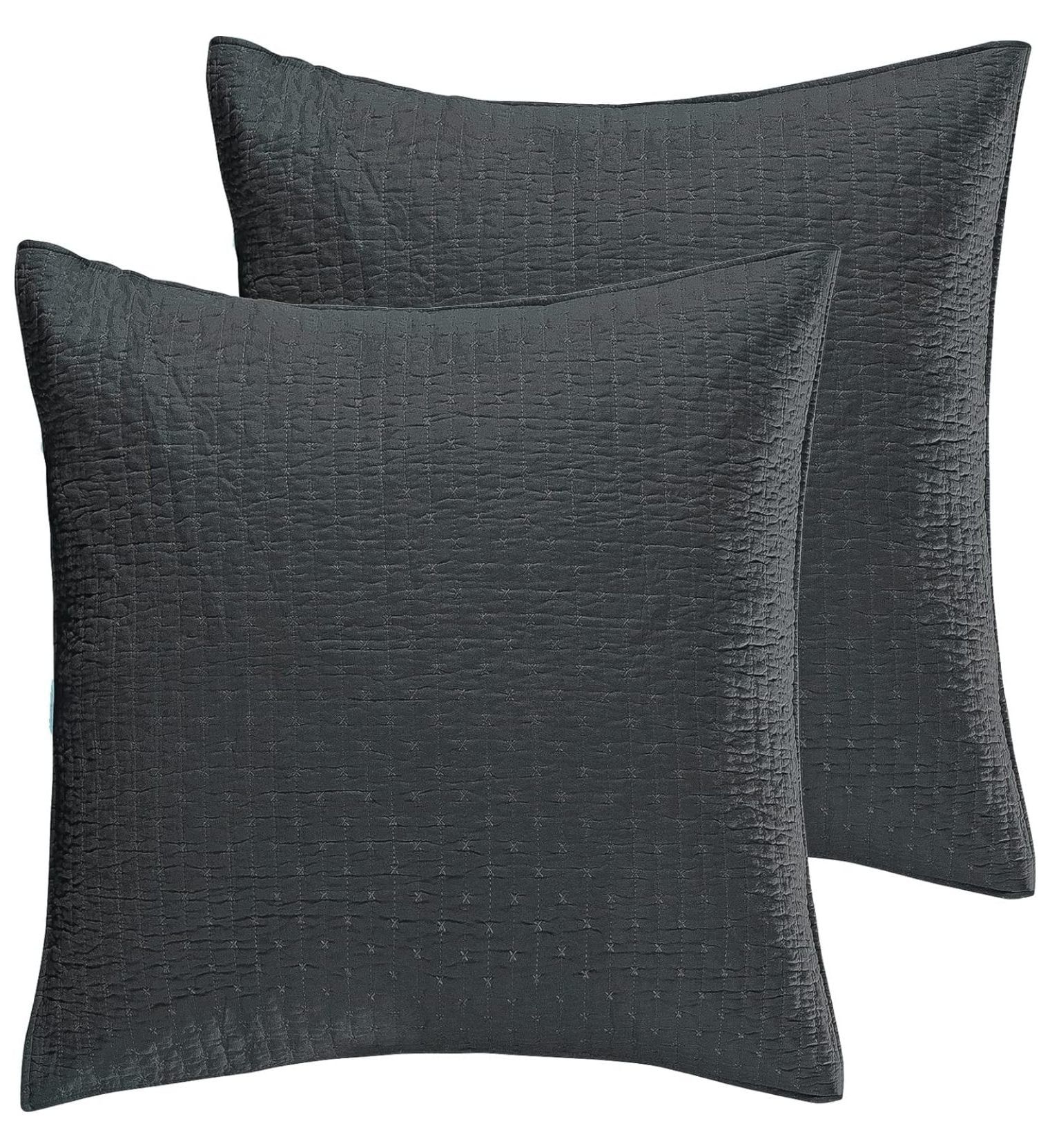 Charcoal Grey Cotton Euro Sham Set with Simple Cross Stitch - 26x26