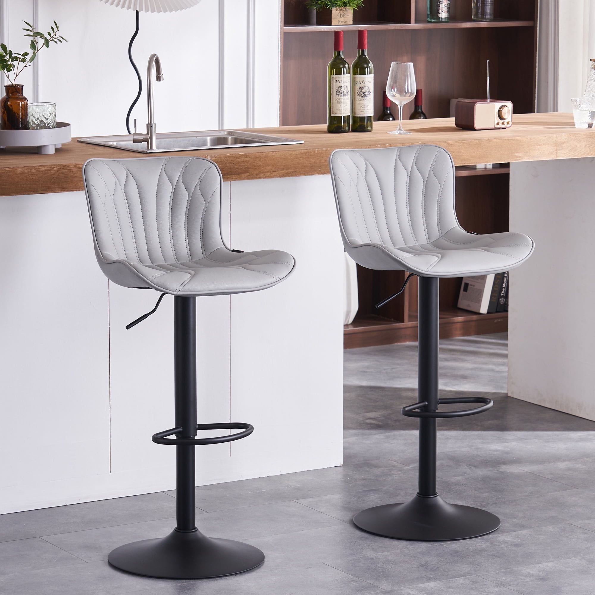 Gray Faux Leather Adjustable Swivel Bar Stools Set of 2