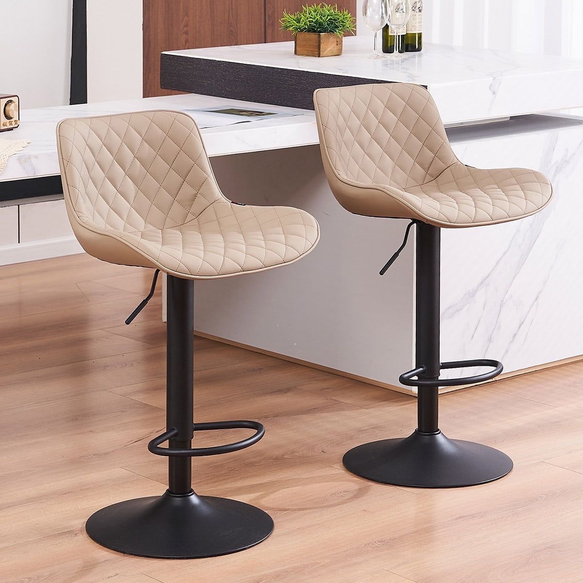 Khaki Adjustable Swivel Metal and Leather Bar Stools Set of 2