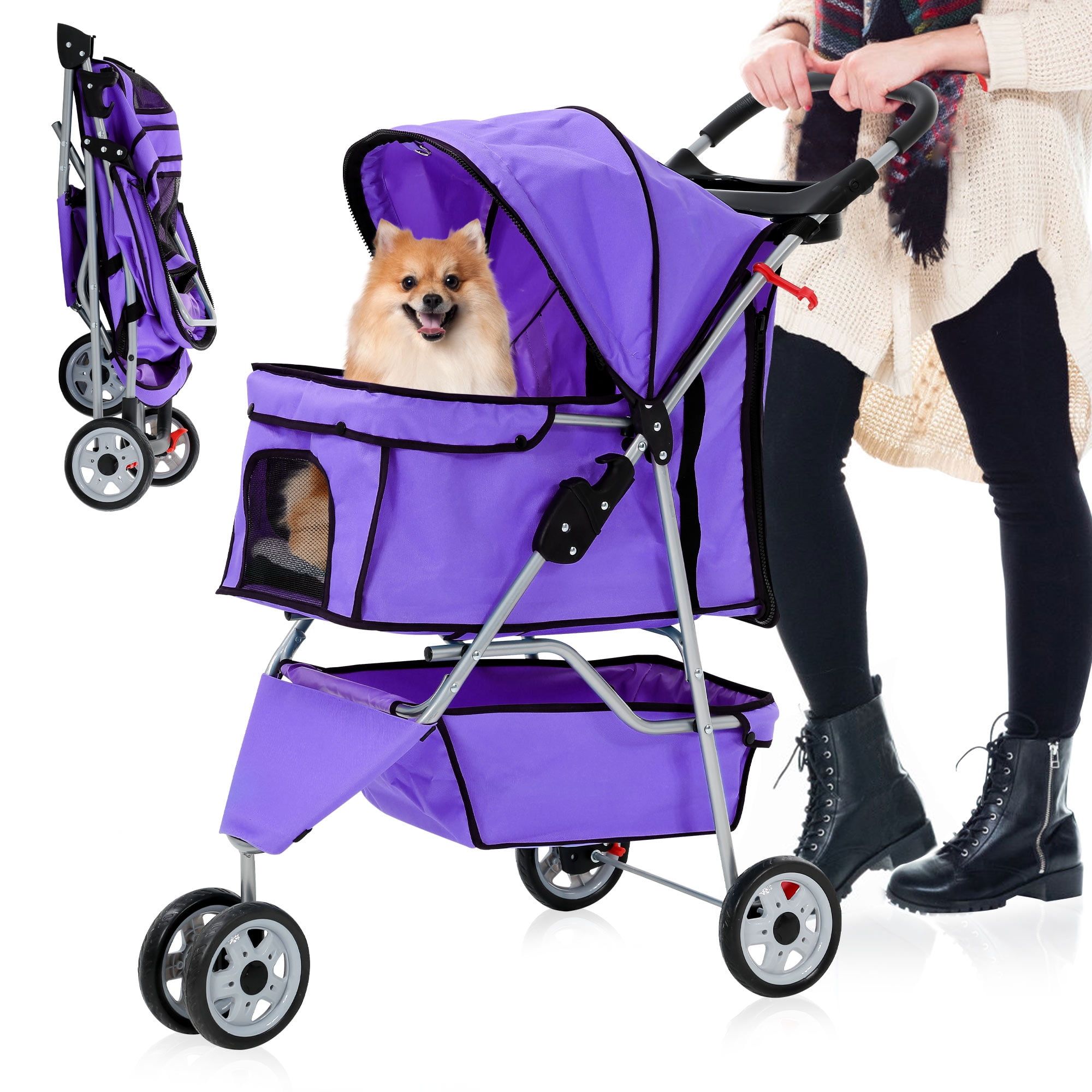 Purple 3-Wheel Travel Folding Pet Stroller with Storage