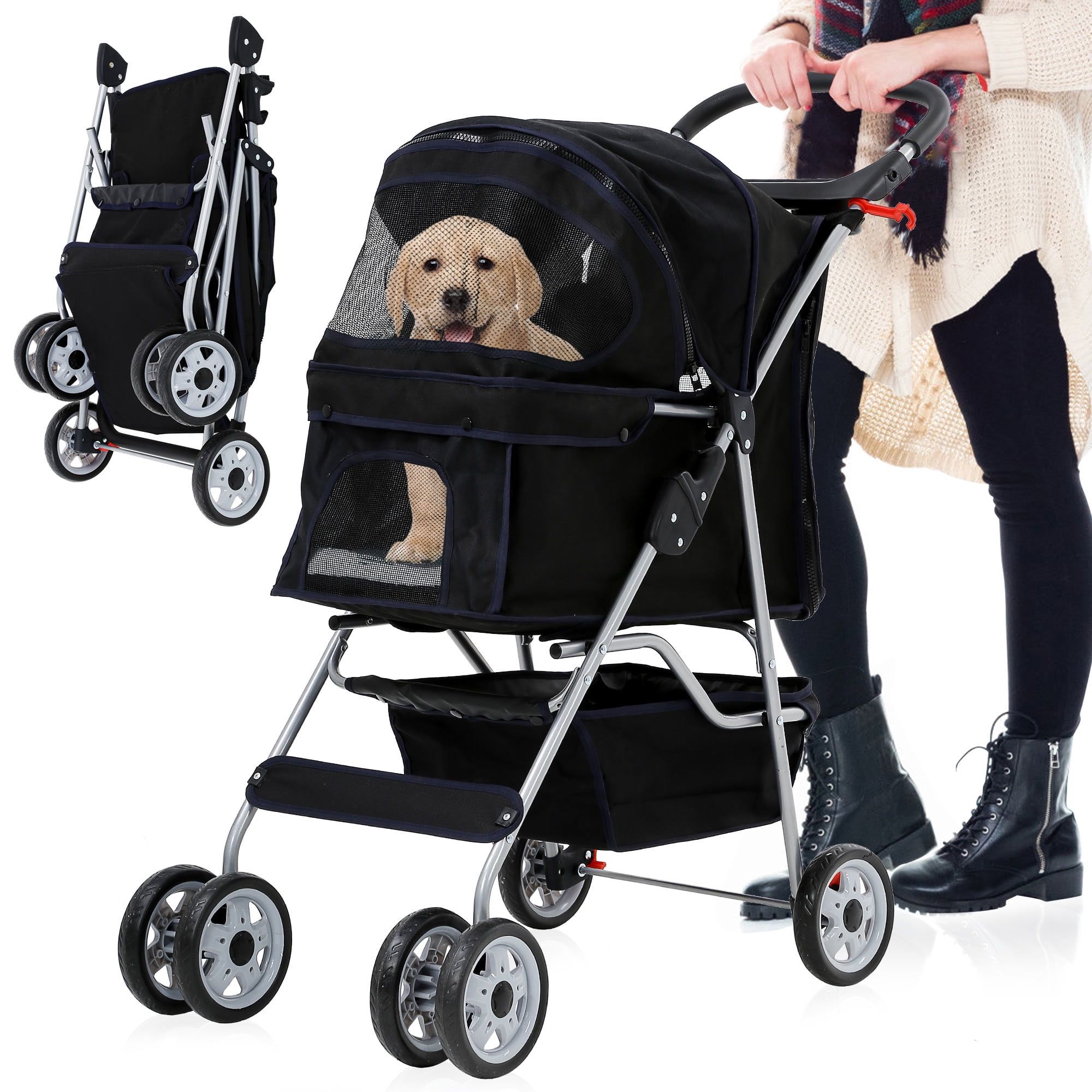 Black Alloy Steel 4-Wheel Foldable Pet Stroller